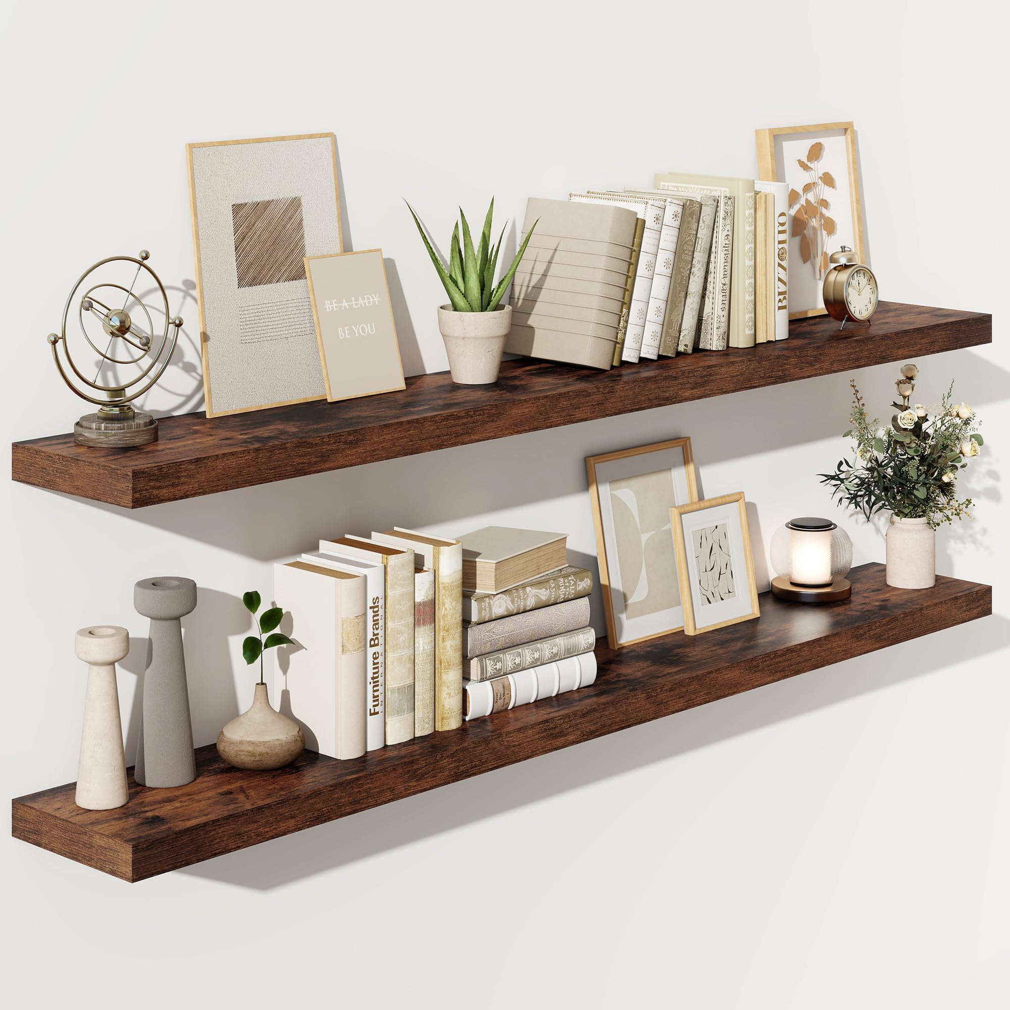 fun memories 66 inch fireplace mantel shelf with invisible bracket, 8 inch deep floating shelf for living room, kitchen, farmhouse, brown (2-pack)