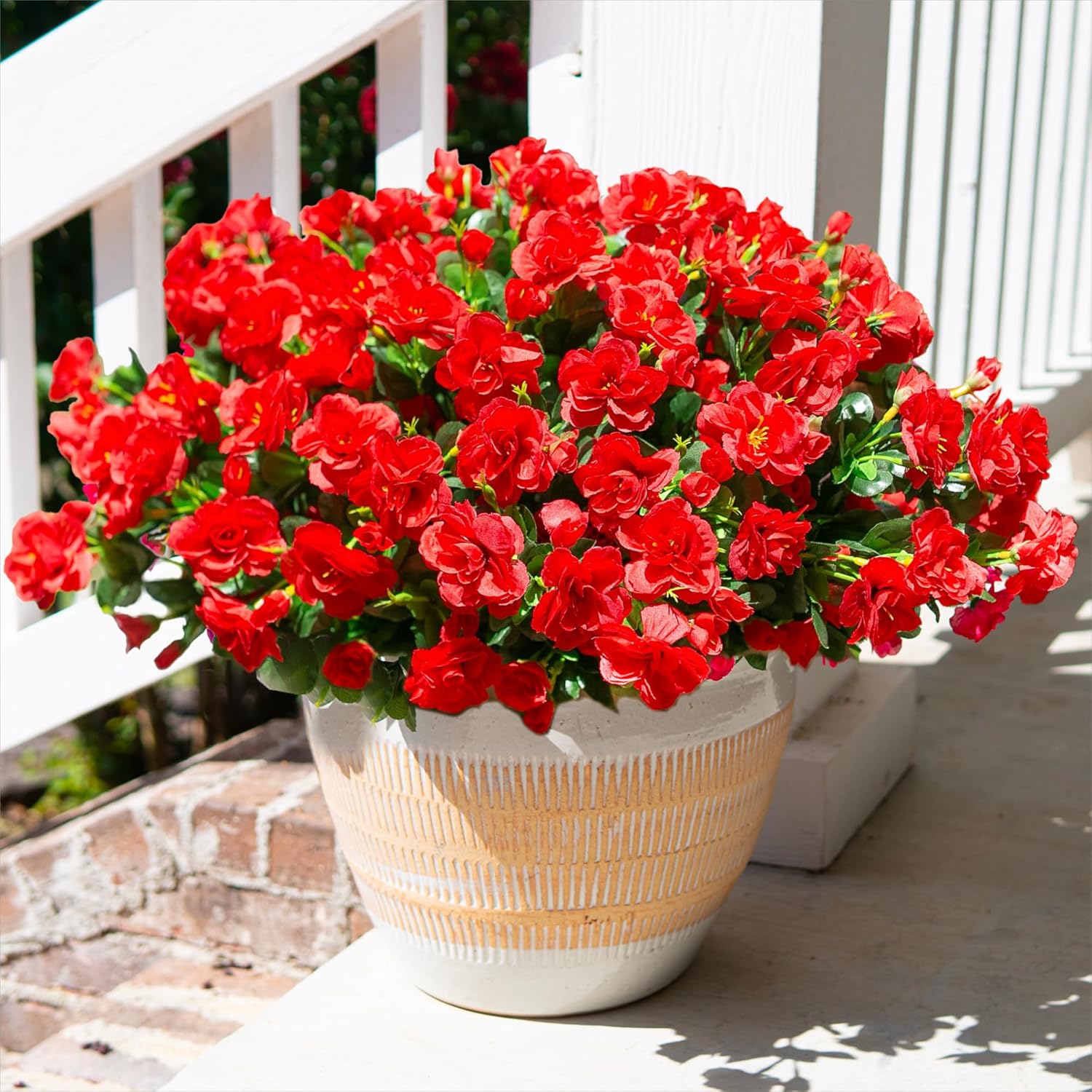 Artificial Christmas Flowers for Spring Outdoor Outside Decor, Fake Silk Red Camellia Flower UV Resistant Realistic Plants for Planter Front Door Porch Patio Table Indoor Holiday, 3 Large Bundles