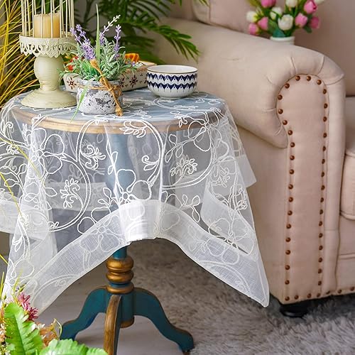 Miniatura 4 de ARTABLE Mantel de encaje blanco para boda, dobladillo de organza, cuadrado, pequeño, rectangular, vintage, con bordado sagrado, para el hogar, al