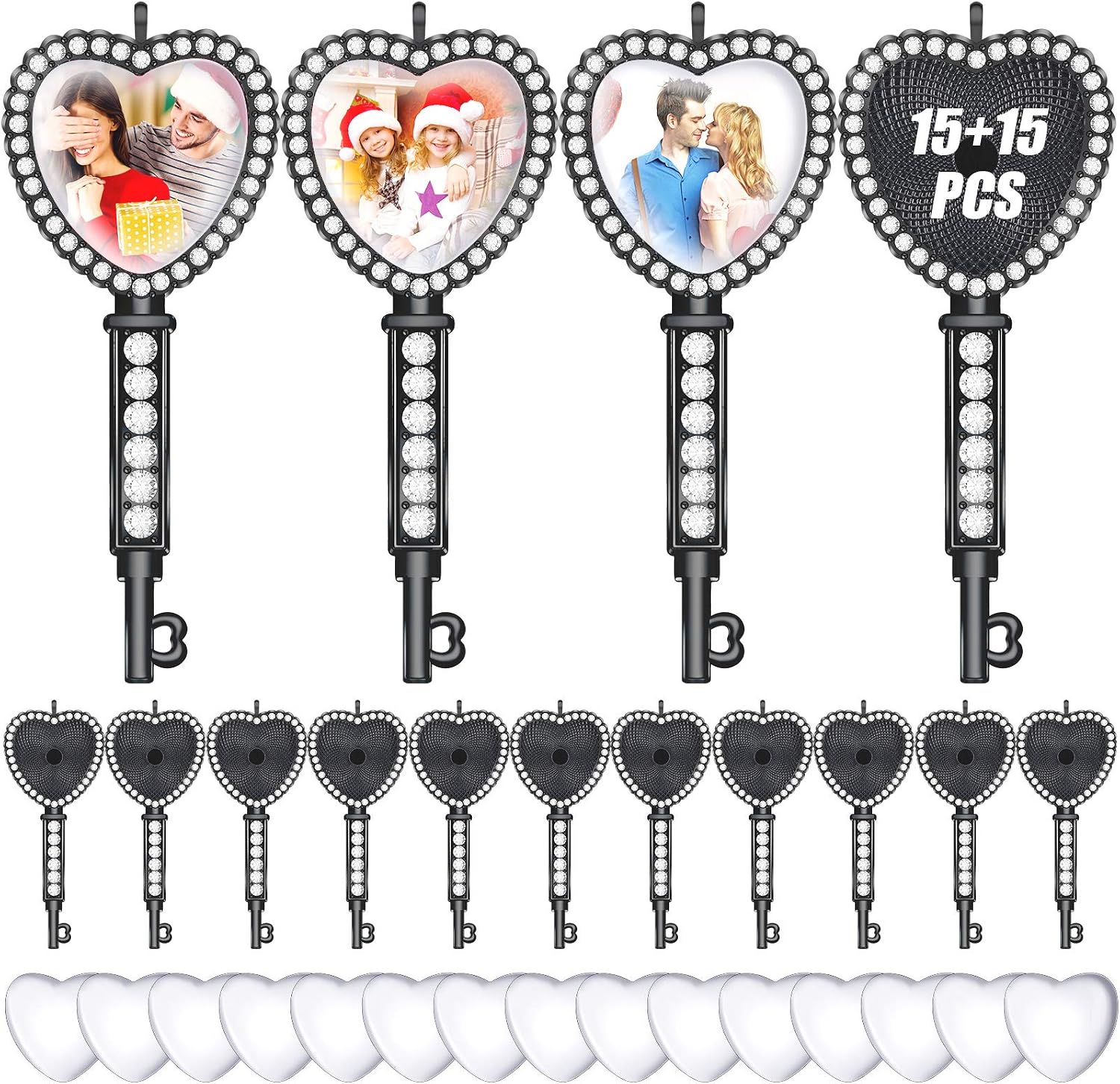 30 Pieces Rhinestone Bezel Pendant Trays Set, 15 Pieces Heart Shape Key Rhinestone Bezel Cabochon Trays and 15 Pieces Clear Glass (Black)