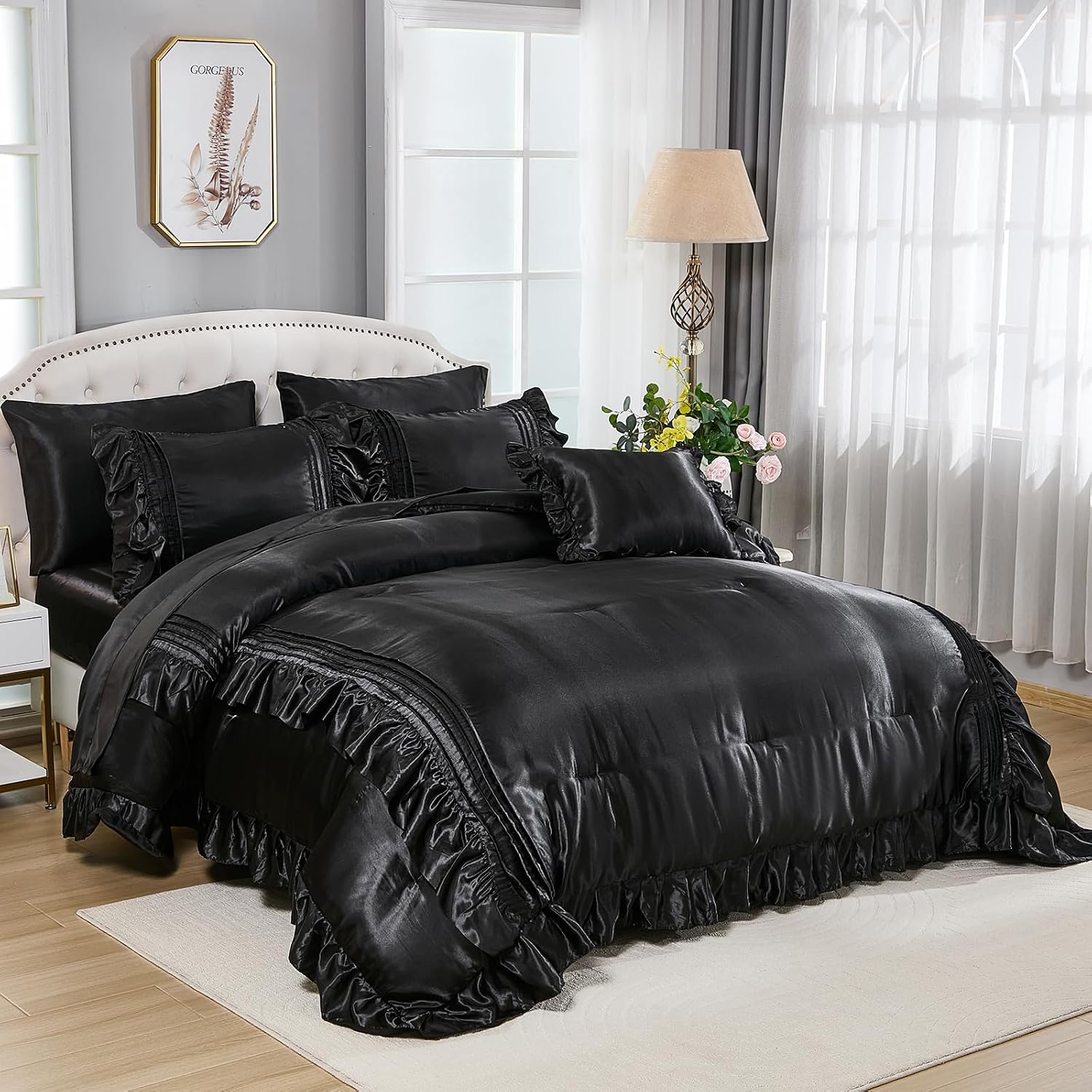 Black Satin Comforter Set 8 Pieces Queen Comforter with Sheets Silk Like Satin Bed Set Luxury Bedding Bed in a Bag 1 Comforter 4 Pillowcasas 1 Flat Sheet 1 Fitted Sheet 1 Cushion Cover