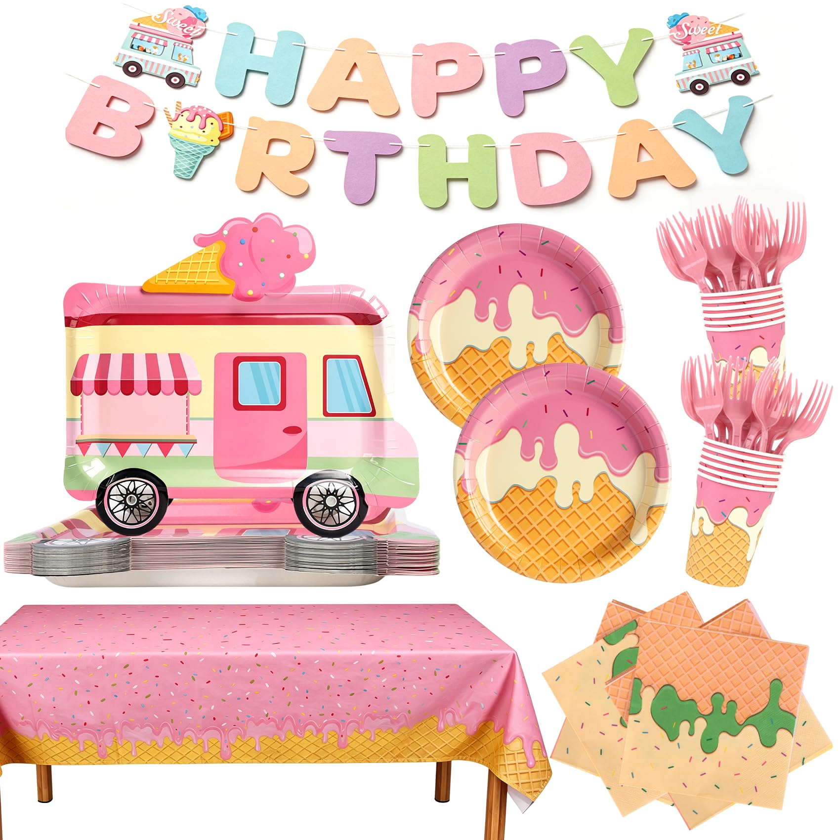Ice Cream Party Supplies Kit Bundle with Paper Plates, Napkins, Cups, Forks,Tablecloth & Banner - Ice Cream Birthday Party Decorations，Serves 16