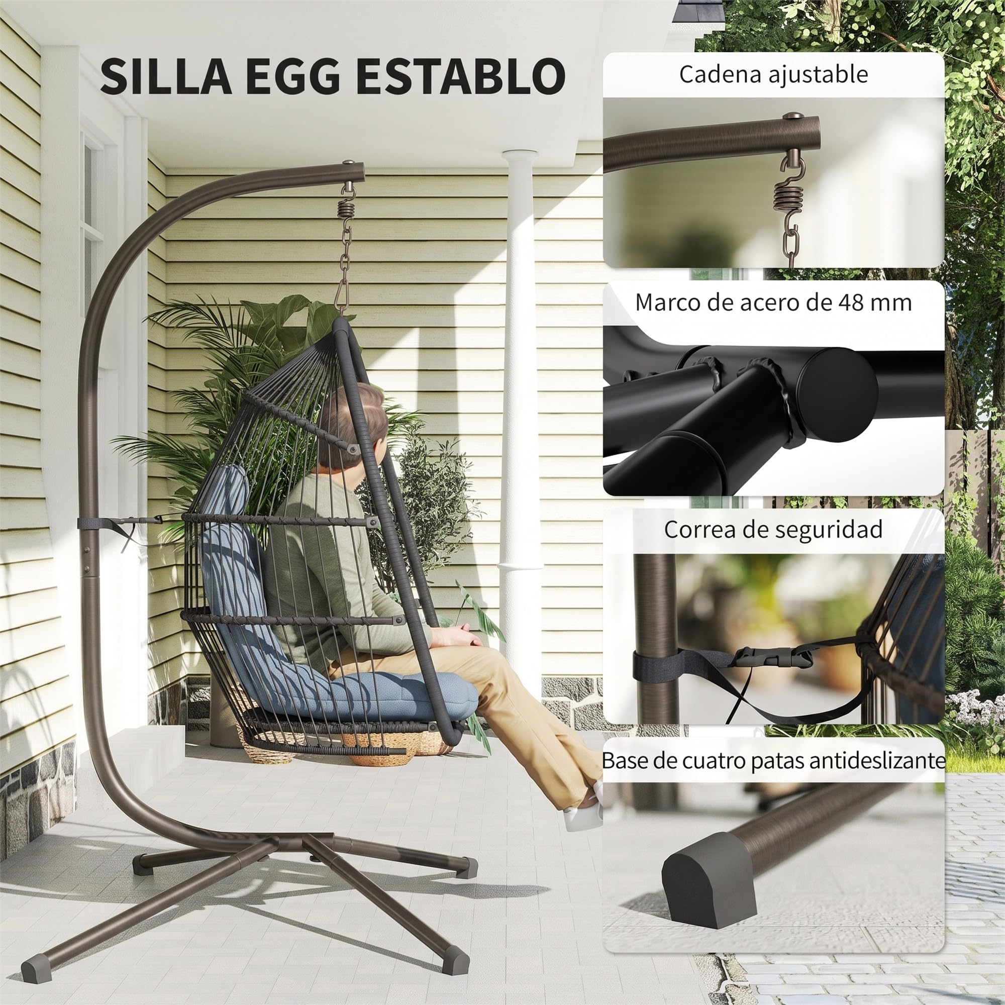 Outsunny Silla Colgante Huevo con Soporte Exterior 150 kg Gris Oscuro