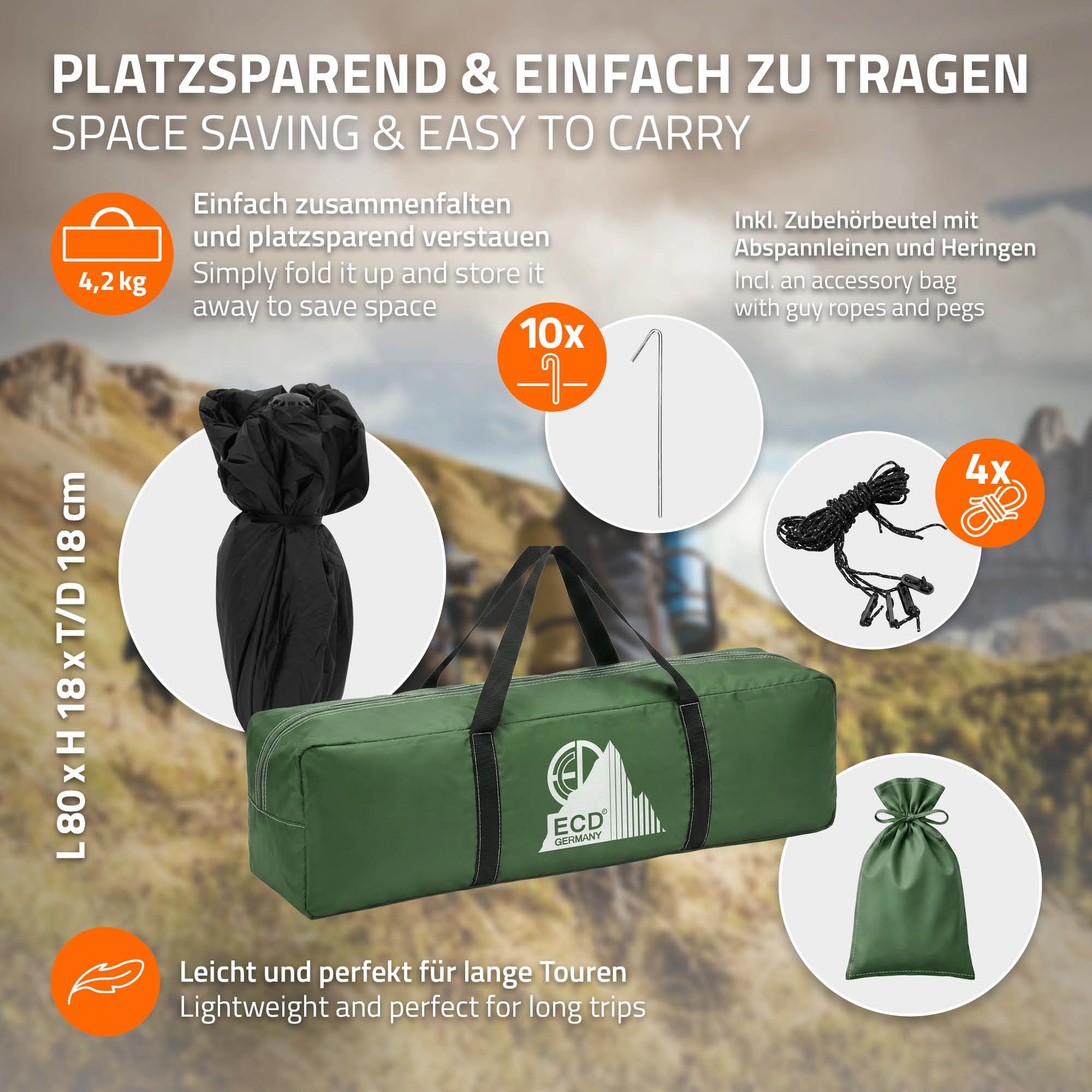 ECD Germany Tente Pop Up 4 Personnes, Résistante au Vent et Respirante, Tente de Camping Plage, Imperméable Légère, Dôme à Double Couche pour Randonnée Pêche avec Sac de Transport, Vert/Gris