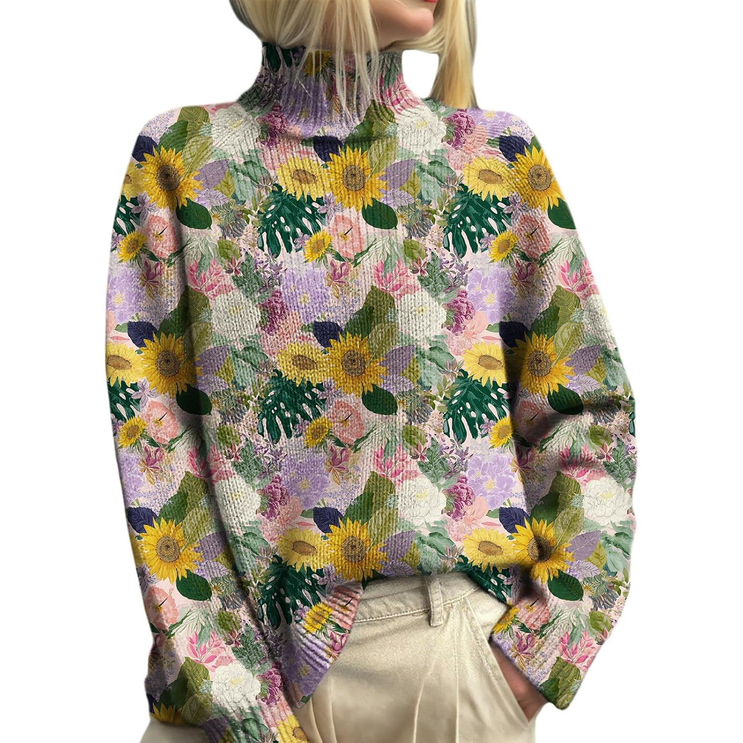 Womens Floral Print Knit Sweater High Neck Long Sleeve Casual Loose Fashion Sweater Tops