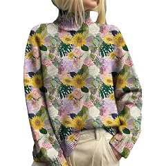 Womens Floral Print Knit Sweater High Neck Long Sleeve Casual Loose Fashion Sweater Tops