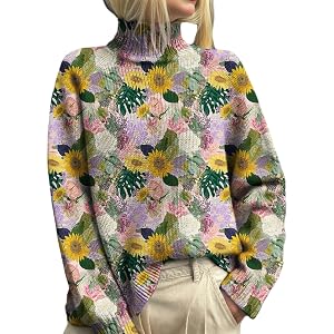 Womens Floral Print Knit Sweater High Neck Long Sleeve Casual Loose Fashion Sweater Tops