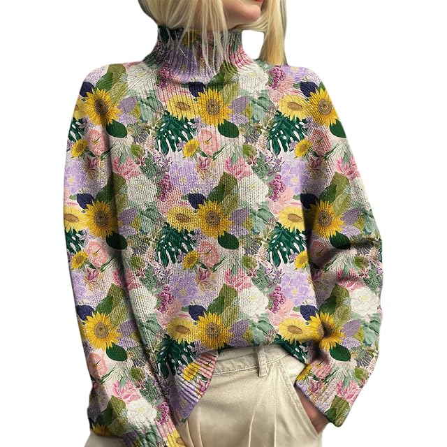 Womens Floral Print Knit Sweater High Neck Long Sleeve Casual Loose Fashion Sweater Tops