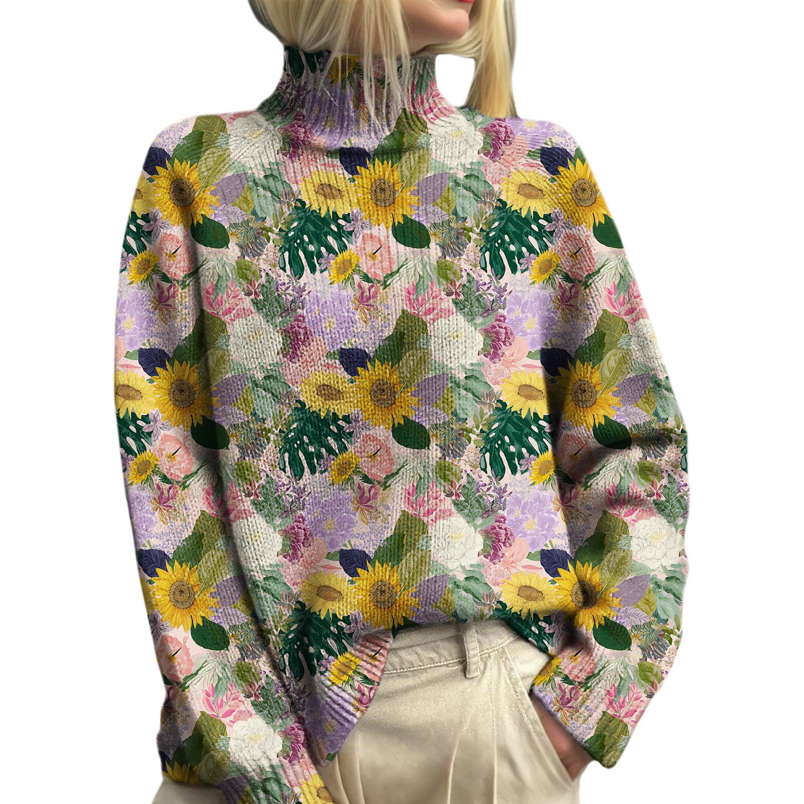 Womens Floral Print Knit Sweater High Neck Long Sleeve Casual Loose Fashion Sweater Tops