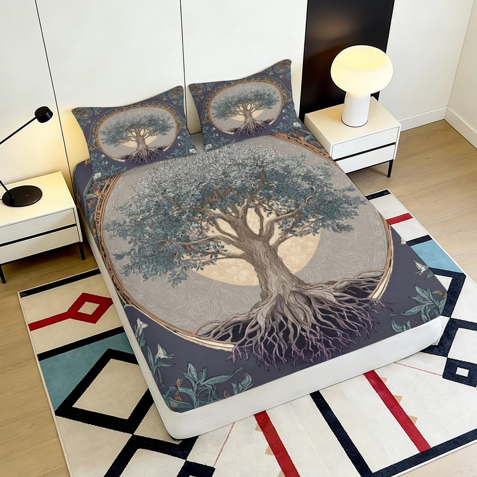 Lenzuolo con angoli con stampa 3D, motivo albero, in microfibra, antiscivolo, per la casa | morbido, coprimaterasso, facile da pulire, per tutto l'anno, traspirante, lavabile in lavatrice, 200 x 200 x 25 cm