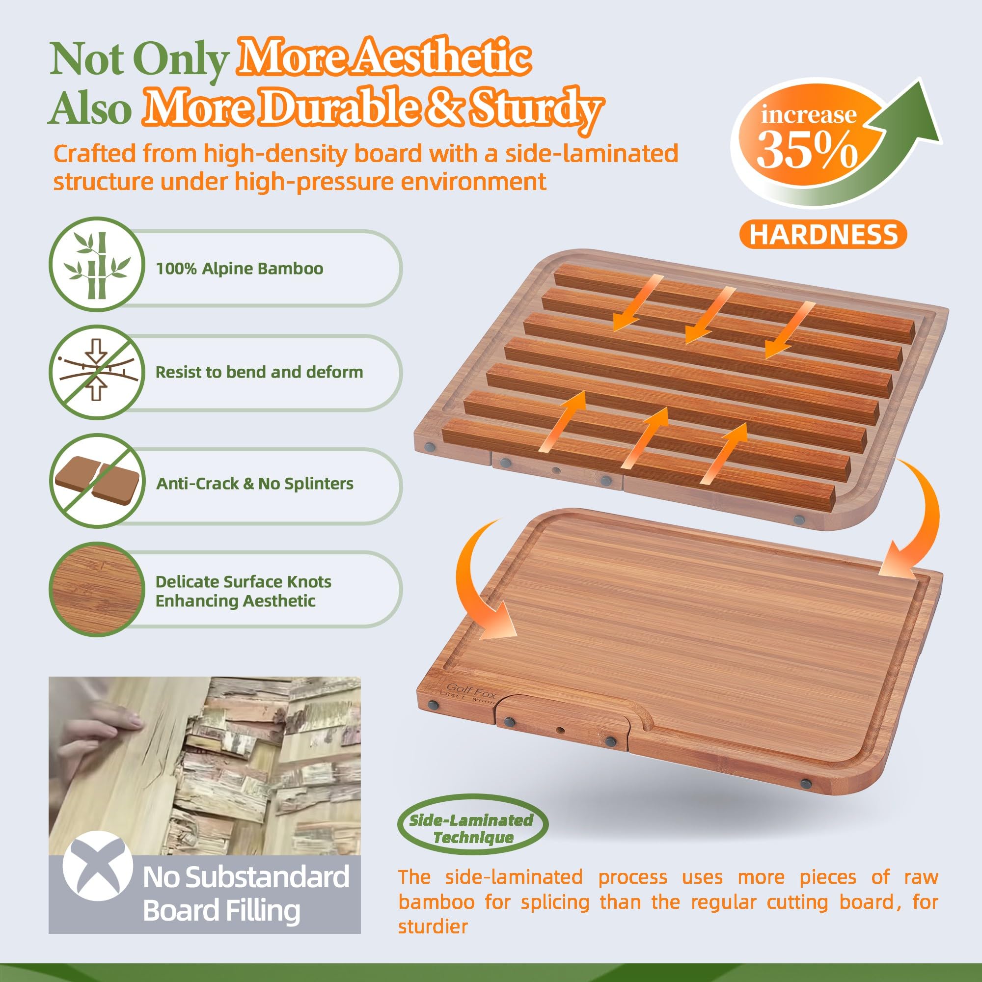 Golf-Fox Juego de 4 tablas de cortar de bambú para cocina, tabla de cortar de madera con soporte, doble cara: tabla de cortar y tablas de embutidos. Ideal para pan, queso, pizza, carne, fruta, pasta