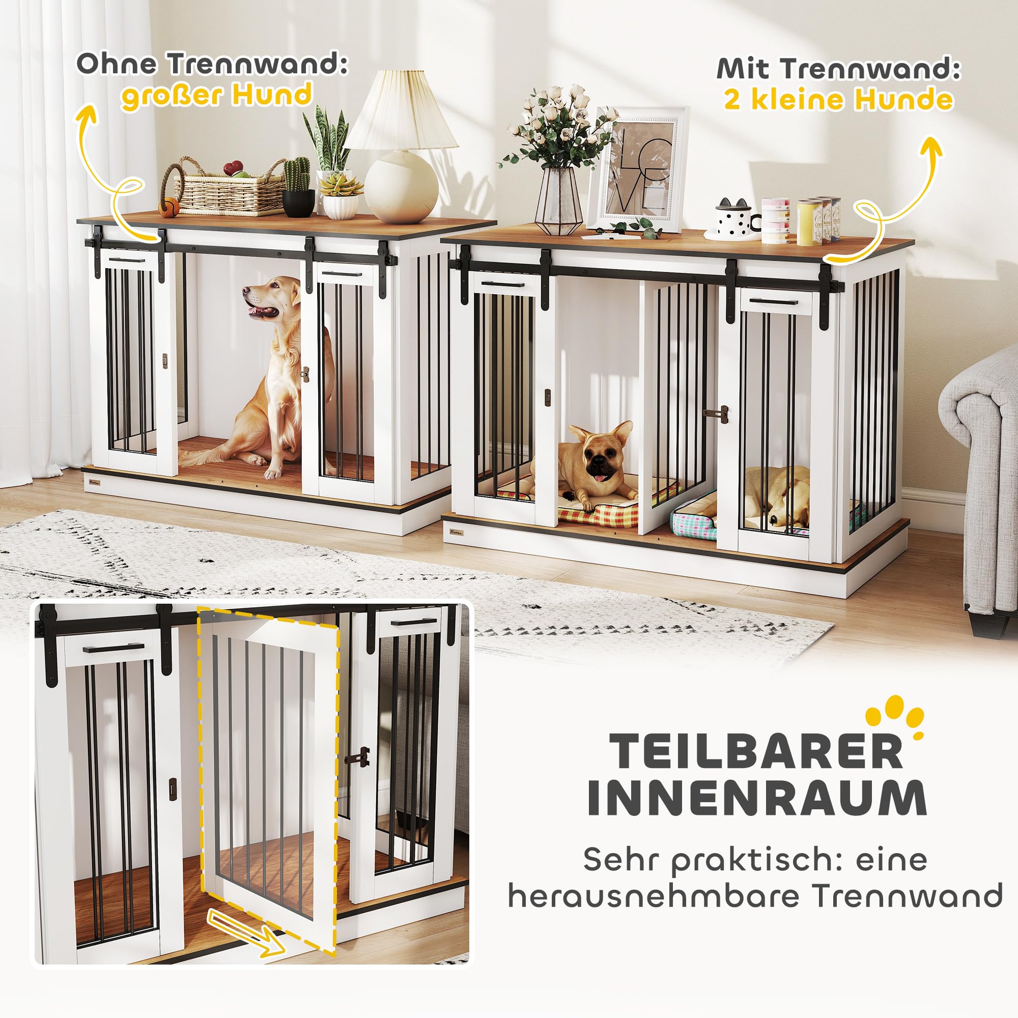 PawHut Hundekäfig Möbel mit Zweiraum-Option, 2 Türen Moderne Metall Hundebox für Zuhause Indoor Hundehütte für große Hunde bis zu 30 kg Hundehaus 120 x 60 x 88,5 cm Weiß