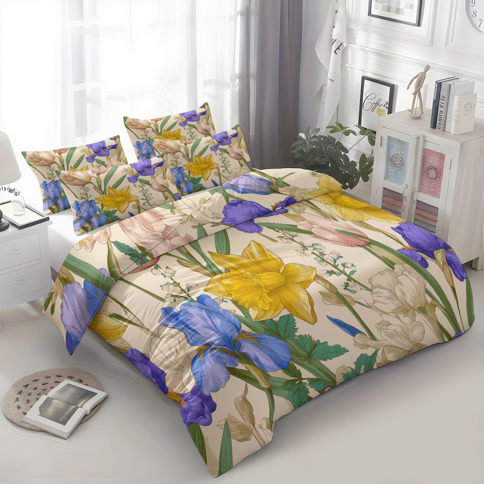 Zestaw poszewek na kołdrę w stylu retro 230 x 220 cm, hipoalergiczna, ultramiękka pościel z 4 narożnymi wiązaniami i zamkiem błyskawicznym, beżowa poszewka na kołdrę do dekoracji domu