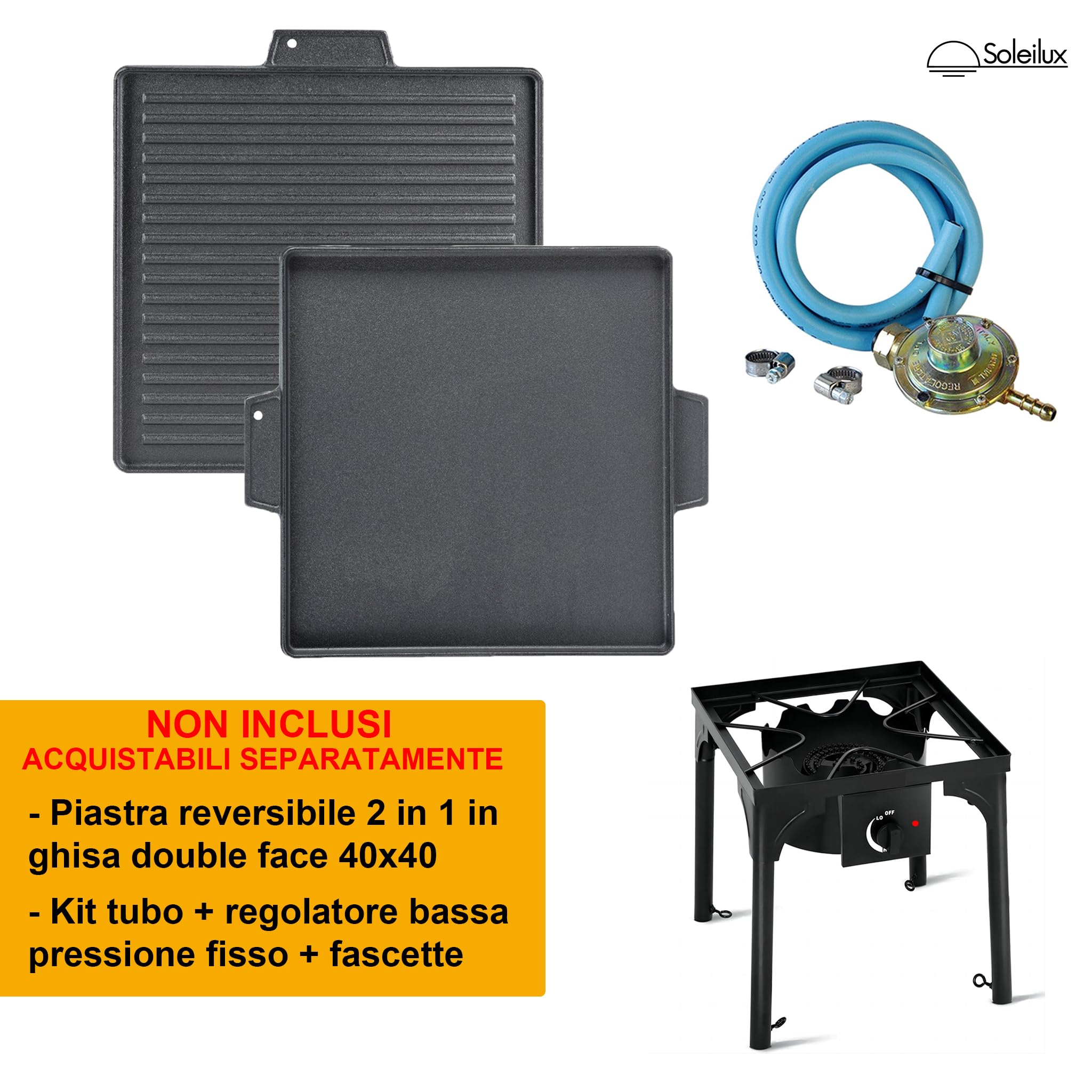 Fornellone Fornello a Gas da Campeggio e da Esterno 40x40cm 3 IN 1 Rialzato Gpl con Accensione Piezo H 81cm - NERO