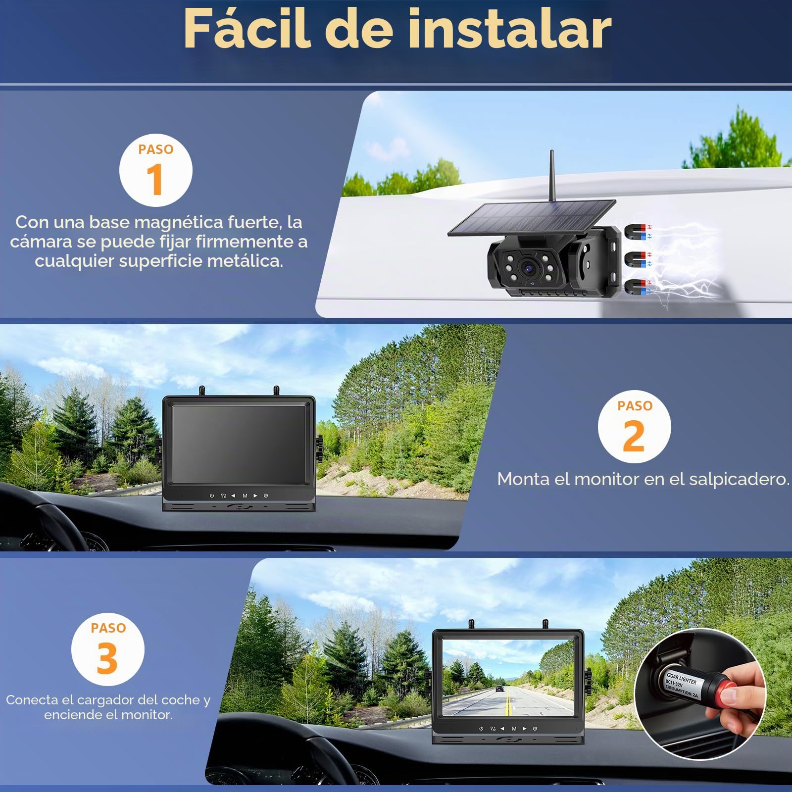Camara Trasera Coche Inalambrica Solar, Magnética 10000mAh Recargable Batería Cámara Marcha Atras con 1080P 9'' Monitor, Impermeable, Visión Nocturna, para Coche, Camión, Caravana(VS-9A)