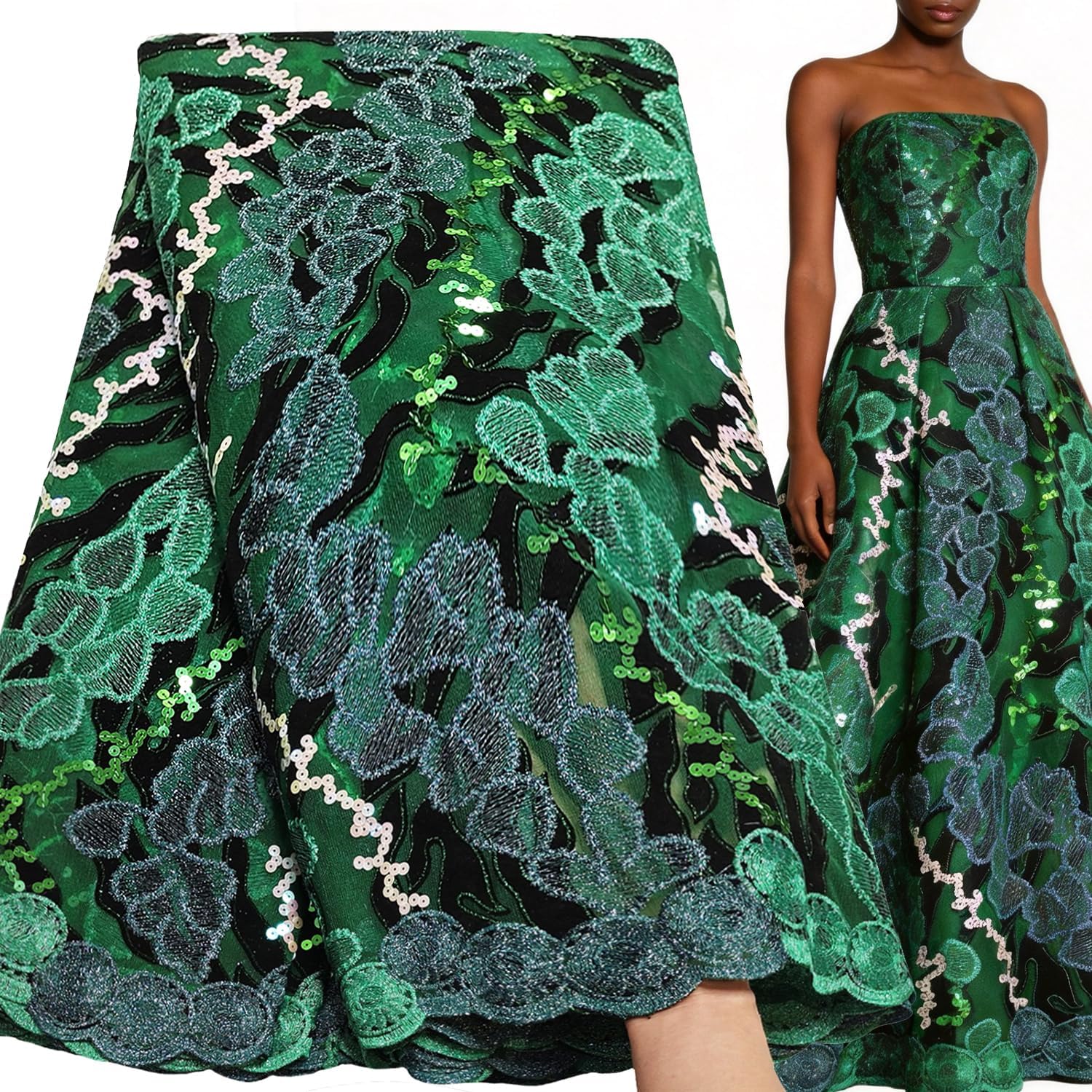 Bestway Fashion African Lace Fabric 5 Yards Sequins Embroidery Nigerian Party French Net Lace Fabric (Leaf Green)
