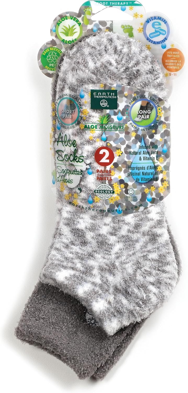 Earth Therapeutics Aloe Socks – Infused w/Aloe Vera & Vitamin E – Helps Dry Feet, Cracked Heels, Calluses – Use with Lotion – Grey/Confetti (2 Pairs)