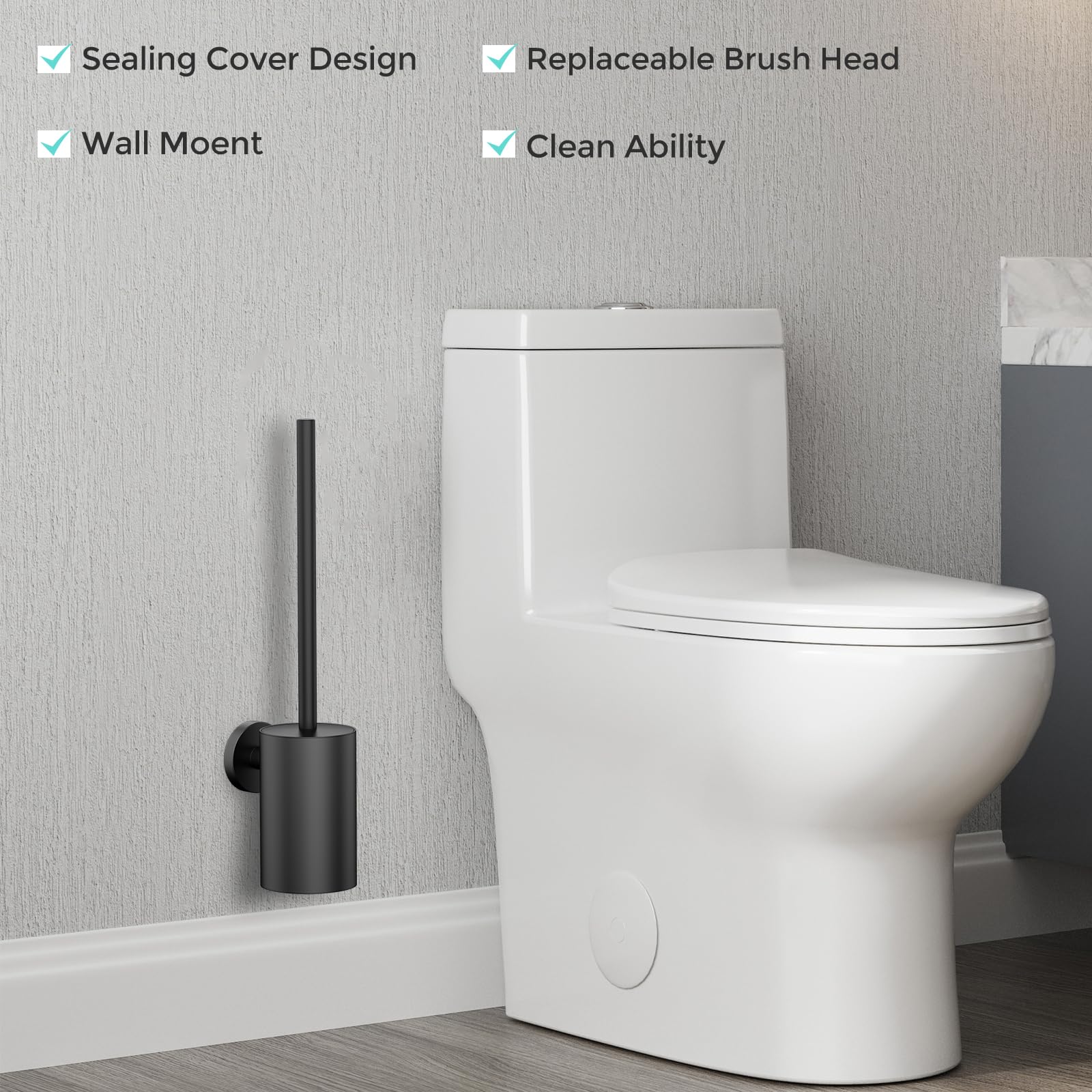 WAVEWO Toiletborstel van siliconen met houder, 2 borstelkoppen, roestvrij staal 304, wandmontage voor het reinigen van de badkamer, zilver, rond