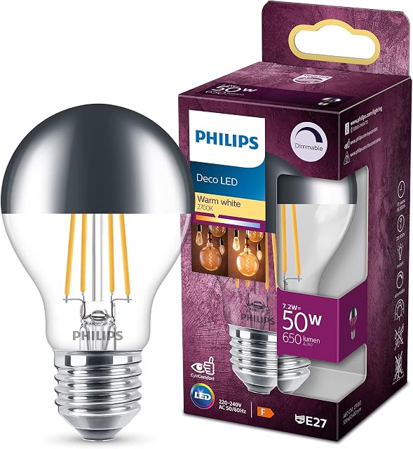 Philips LED Premium Classic Dimmable A60 Crown Mirror Light Bulb [E27 Edison Screw] 7.2W - 50W Equivalent, Warm White (2700K)