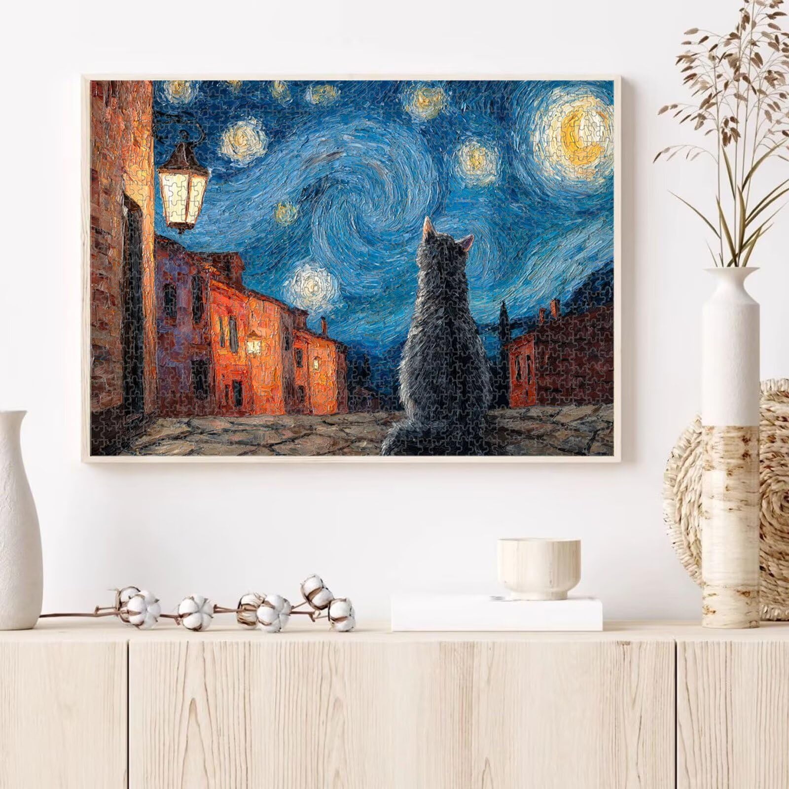 1000 Pièces Puzzle Adulte Ciel étoilé & Chat Puzzle en Bois Robuste 1T#78 | Puzzle en Bois, Découpe de Précision, Encres aux Couleurs Vives, Loisir Relaxant, Décoration Intérieure, Cadeau, 50x75cm