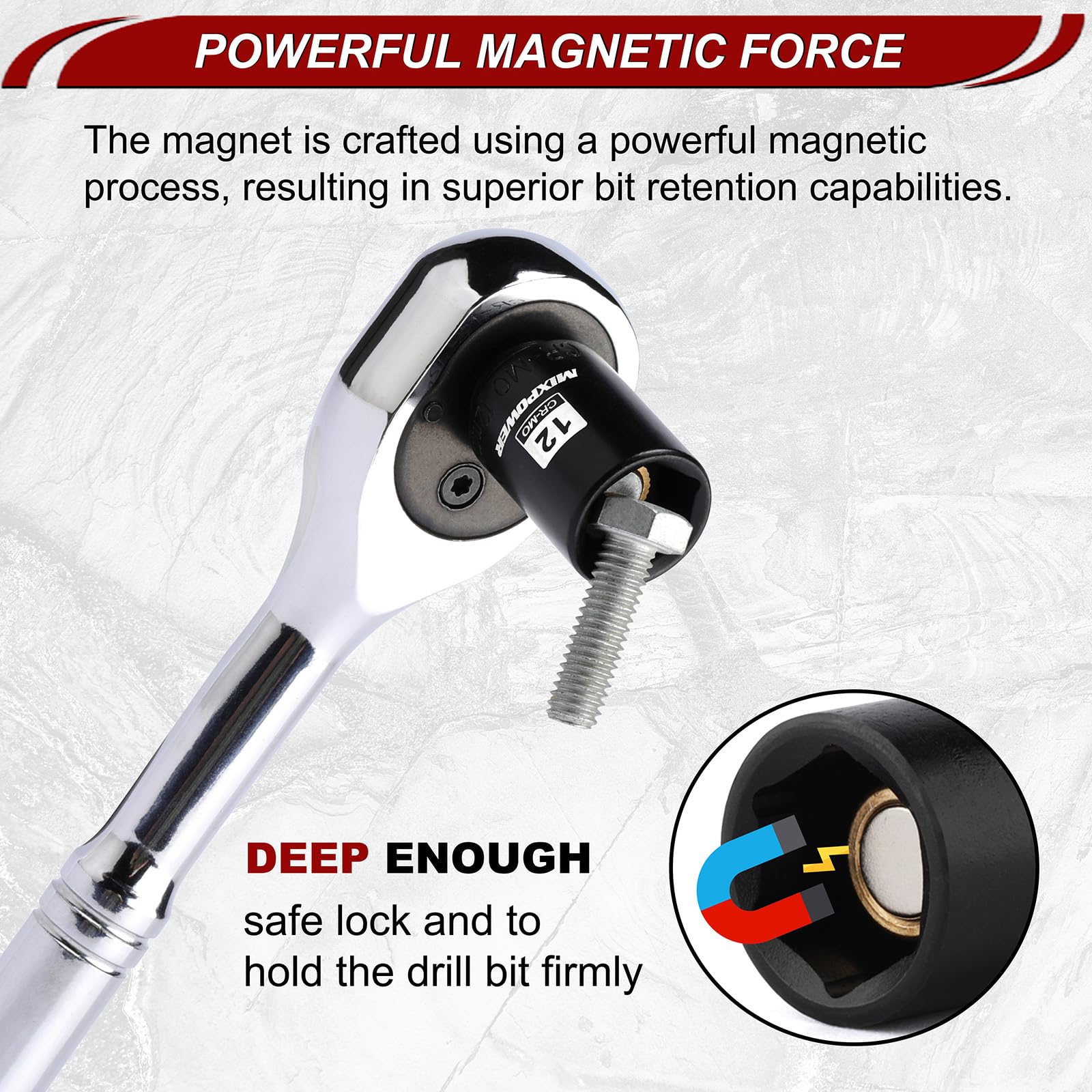 MIXPOWER Set di 30 bussole magnetiche poco profonde da 1/4", metriche/SAE, a 6 punti, CR-MO, con adattatore per bussola, giunto universale, prolunga e adattatore per punte da trapano