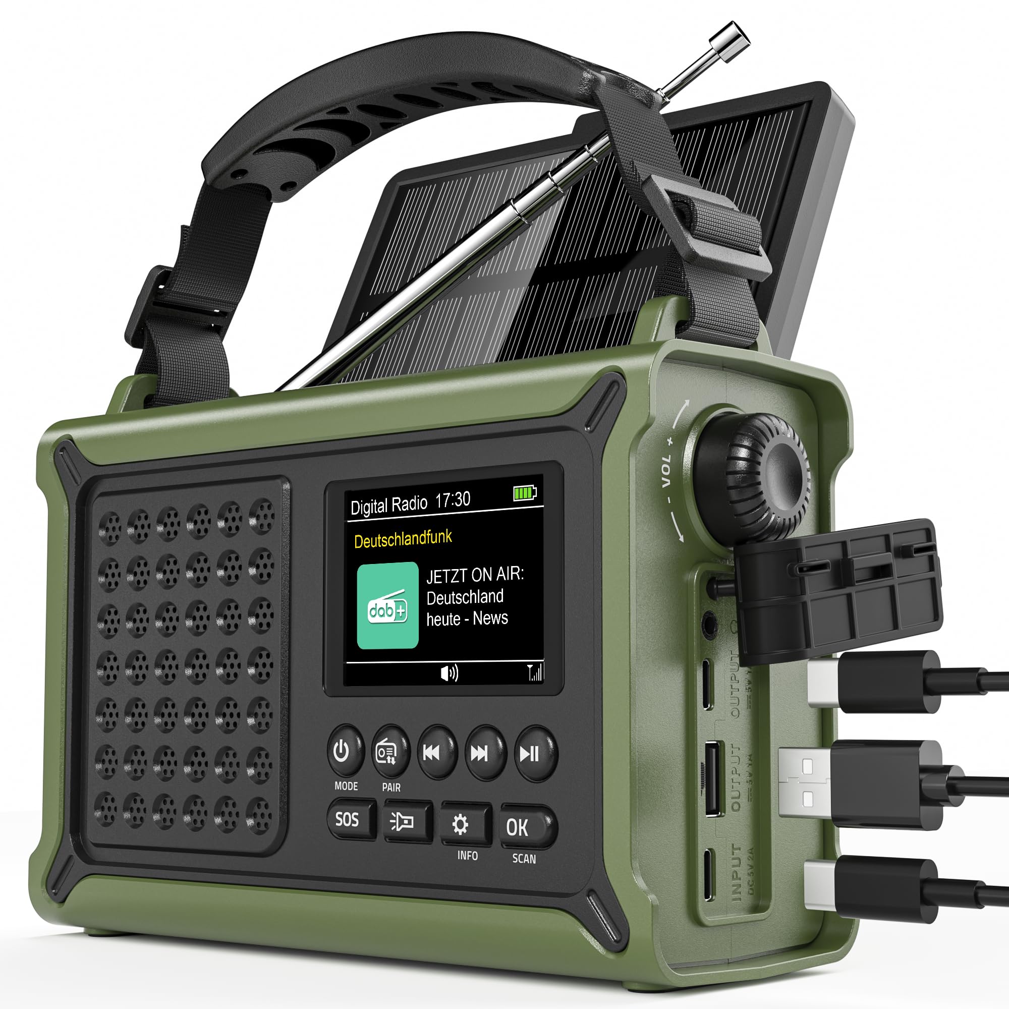 Kurbelradio, Dab/Dab+/UKW Notfallradio, mit 12000mAh Akku & 8500mm² Solarpanel & 650mA Handkurbel, Dynamo Solar Radio mit Bluetooth 5.0, ALS Taschenlampe & Ladegerät, USB, Für Camping, Notfall(Grün)