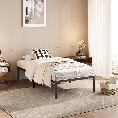 Marco de cama de 14 pulgadas, tamaño individual, marco de cama individual de metal resistente, no necesita somier, marcos de cama de plataforma