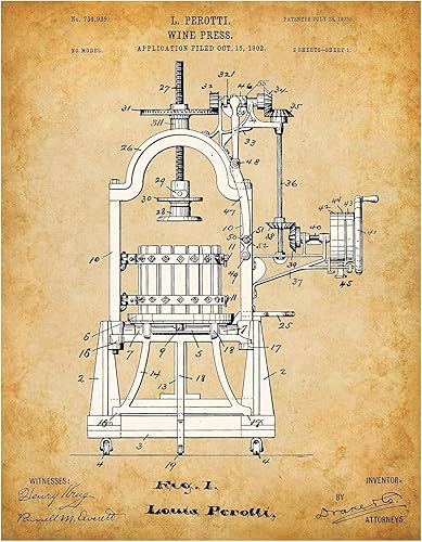 Impresión de patente de prensa de vino: gran decoración de cocina y bar en el hogar, letrero clásico para viñedos, bodegas y conocedores, disponible