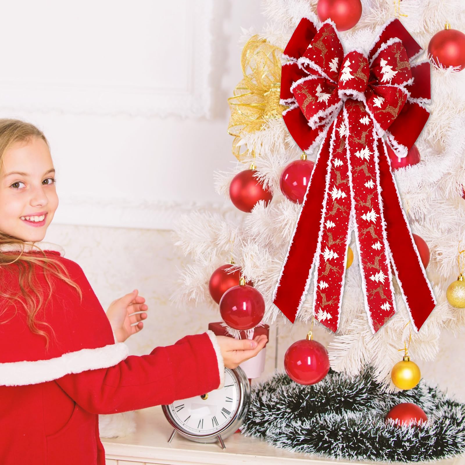 6 lazos rojos extragrandes para corona de Navidad para decoración al aire libre, 26 x 12 pulgadas, decoración gigante para árbol de Navidad, lazos de alce con purpurina, búfalo rojo para suministros