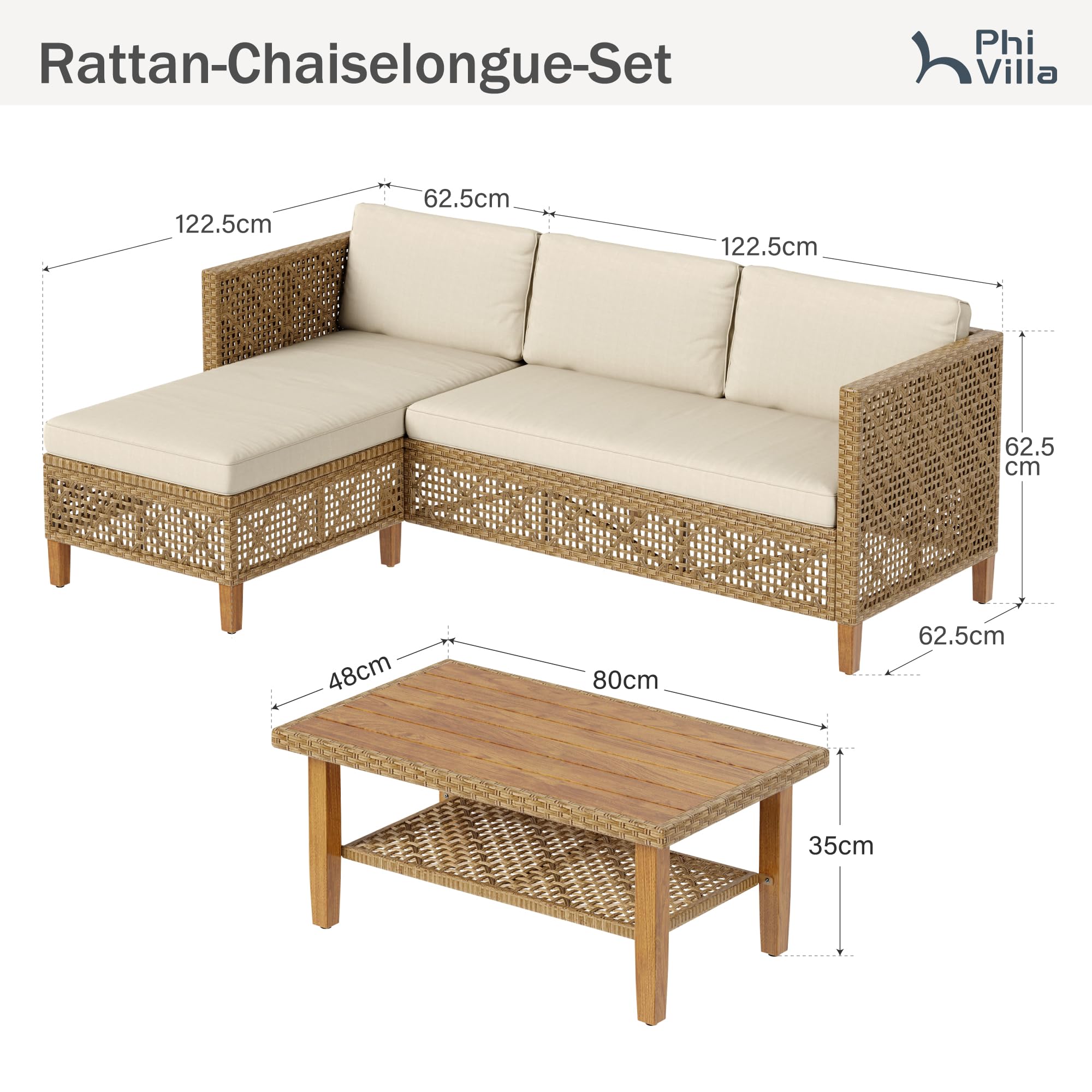 PHI VILLA Ensemble de meubles de jardin de balcon 3 pièces en rotin avec 1 méridienne, 1 canapé 2 places et 1 petite table basse, 4 personnes, meubles de terrasse d'extérieur