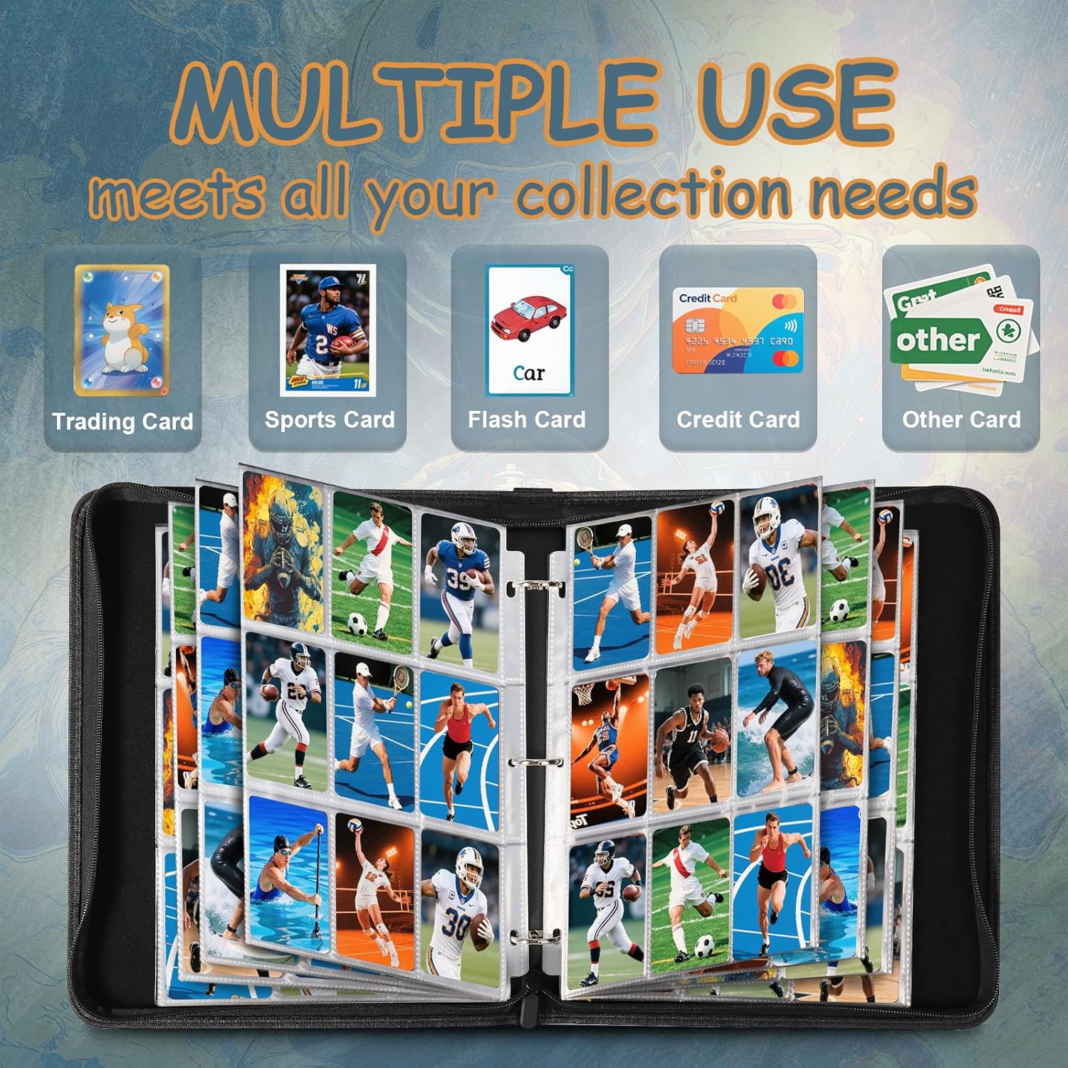 Football Card Binder 9 Pocket, Holds 900 Cards with 50 Removable Double-Sided Sleeves, Portable Card Collection Trading Card Album for TCG, MTG, Sports Cards