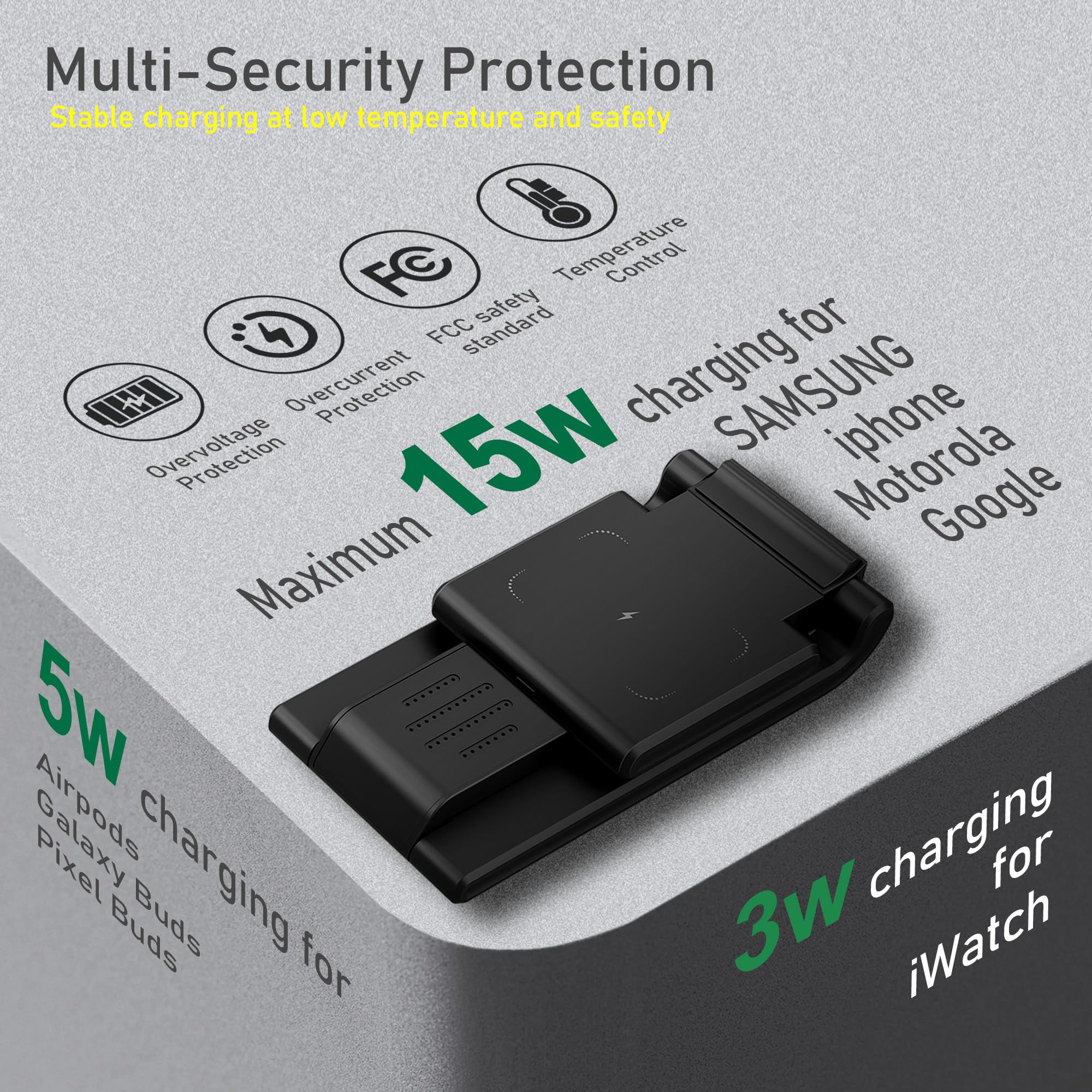 3-in-1 Wireless Charging Station, 15W Foldable Wireless Charger Stand for iPhone 16 15 14 13 12 11 Pro Max & Samsung. Charging Dock for Apple Watch & Pods 3,2 Pro (Excluding Samsung Watches)