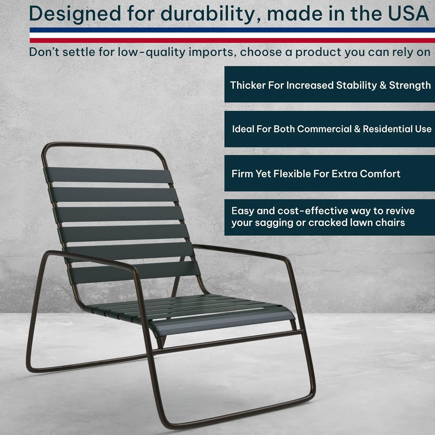 KOMORAX Sherwood Green 1.5" Wide 20' Length Chair Vinyl Strap Strapping for Patio Lawn Garden Outdoor Furniture Matte Finish Color