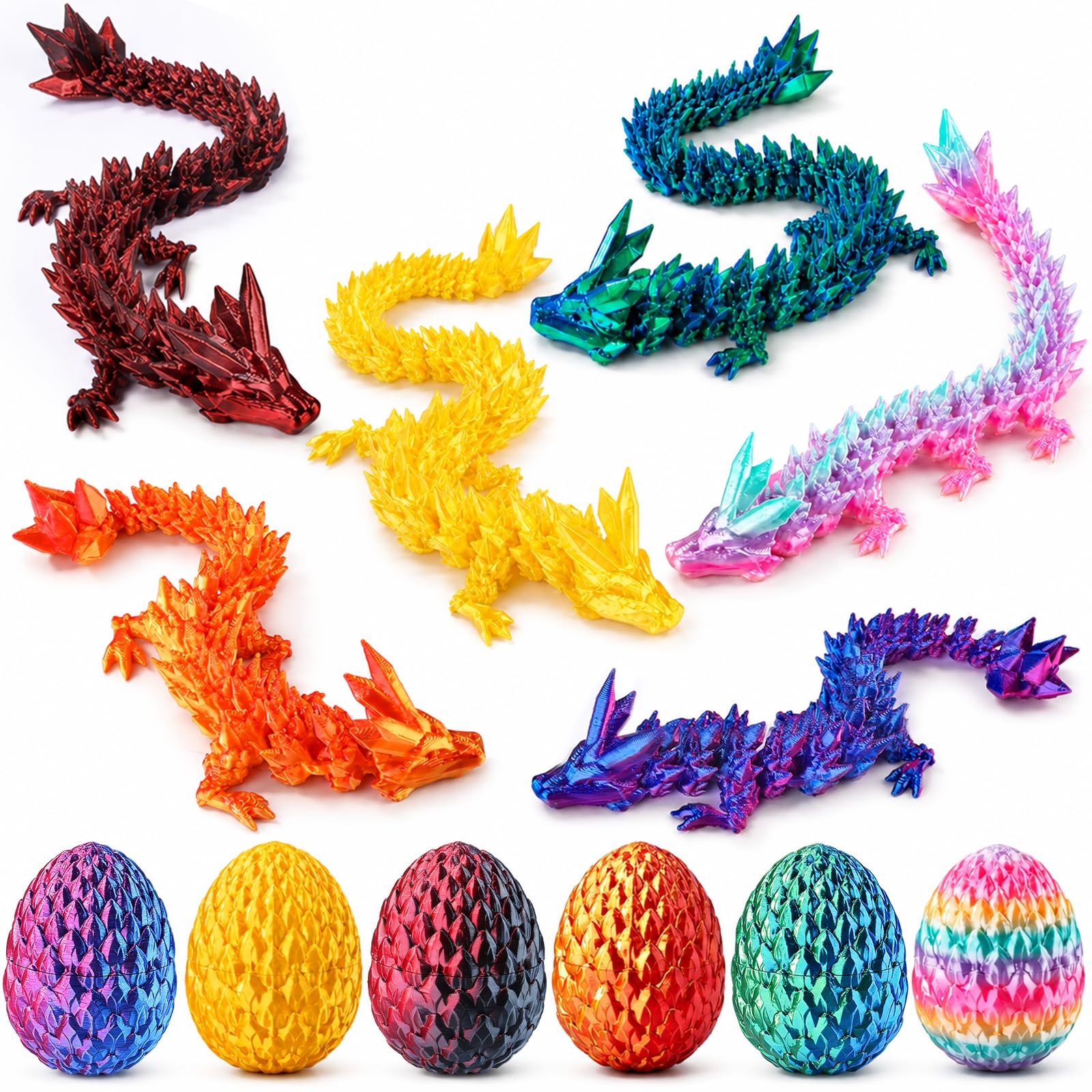 XIMISHOP 6Pack 3D Printed Dragon，Mystery Dragon Eggs with Dragon Inside Articulated Crystal Dragon for Home Office Desk Decoration Kids Party Favors Toys