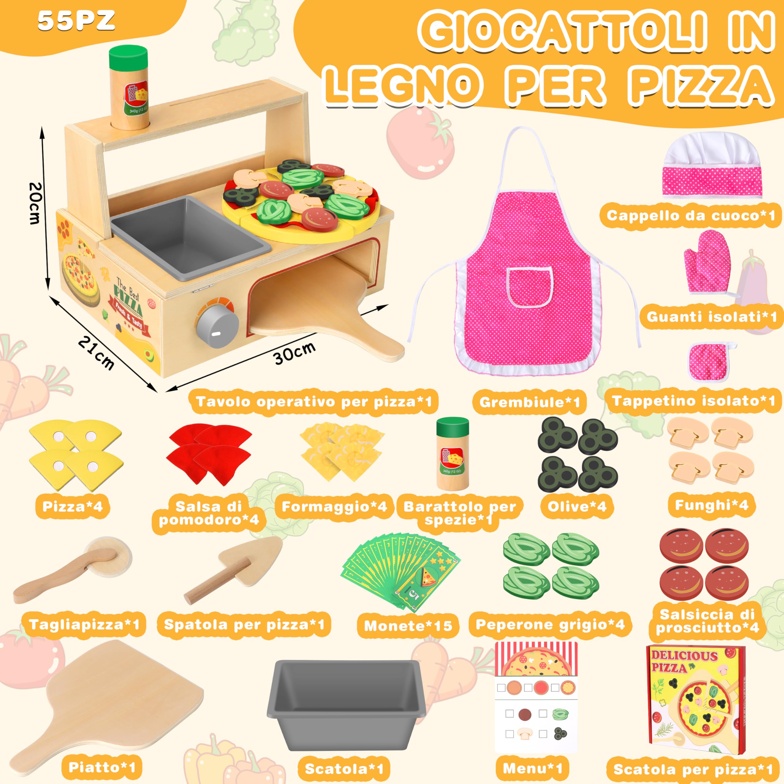 Charmofun Pizza in Legno Cucina Giocattolo per Bambini, Accessori Cucina Bambini con Forno Pizza Grembiule Cappello Guanti, Giochi Montessori per 3+ Anni, Regali per 3 4 5 6 anni Maschi Femmine