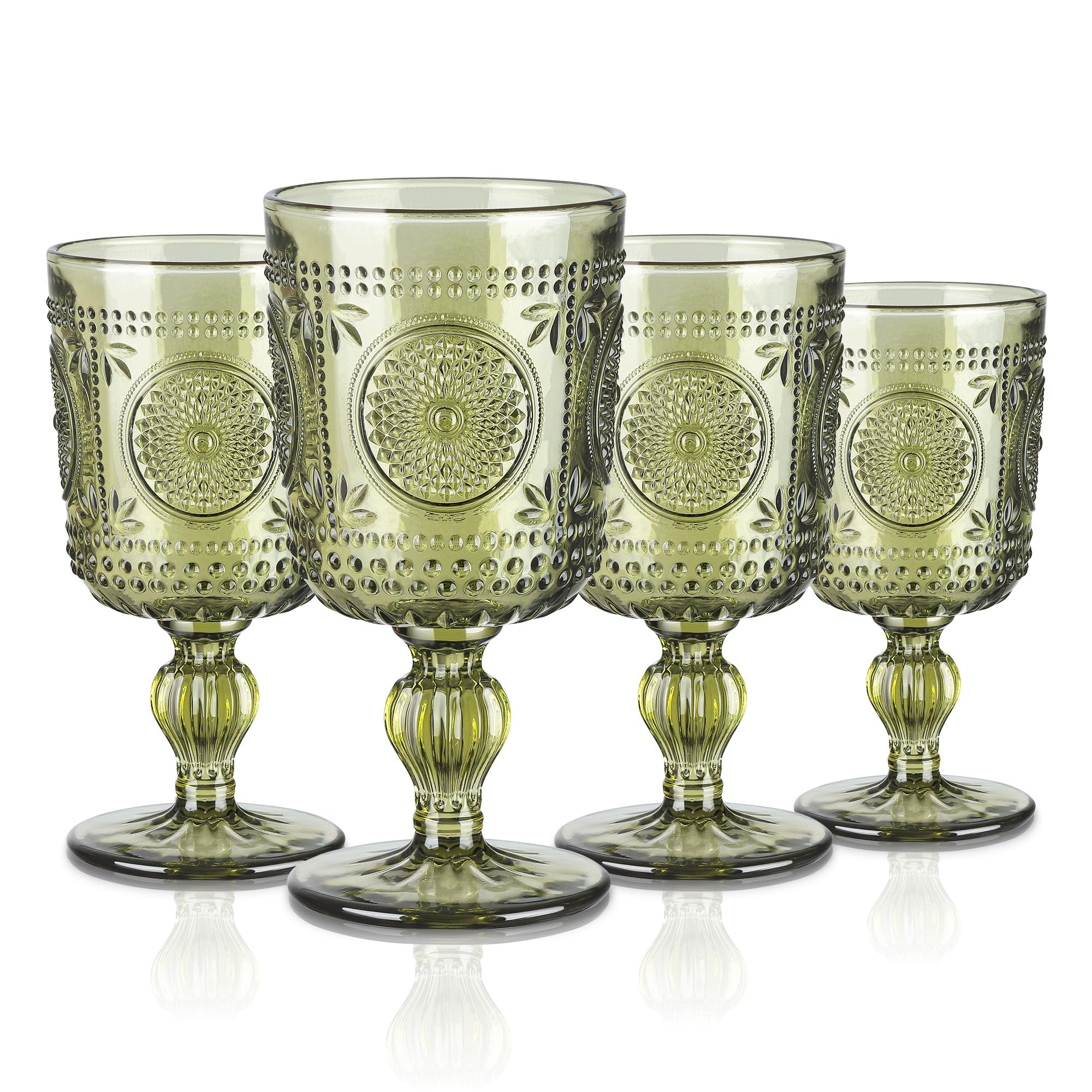 Joeyan 300ml Green Vintage Glass Wine Goblet, Romantic Sunflower Embossed Drinking Glasses, Heavy Stemmed Wine Glasses for Christmas Party Wedding Table Decor, Set of 4, Dishwasher Safe