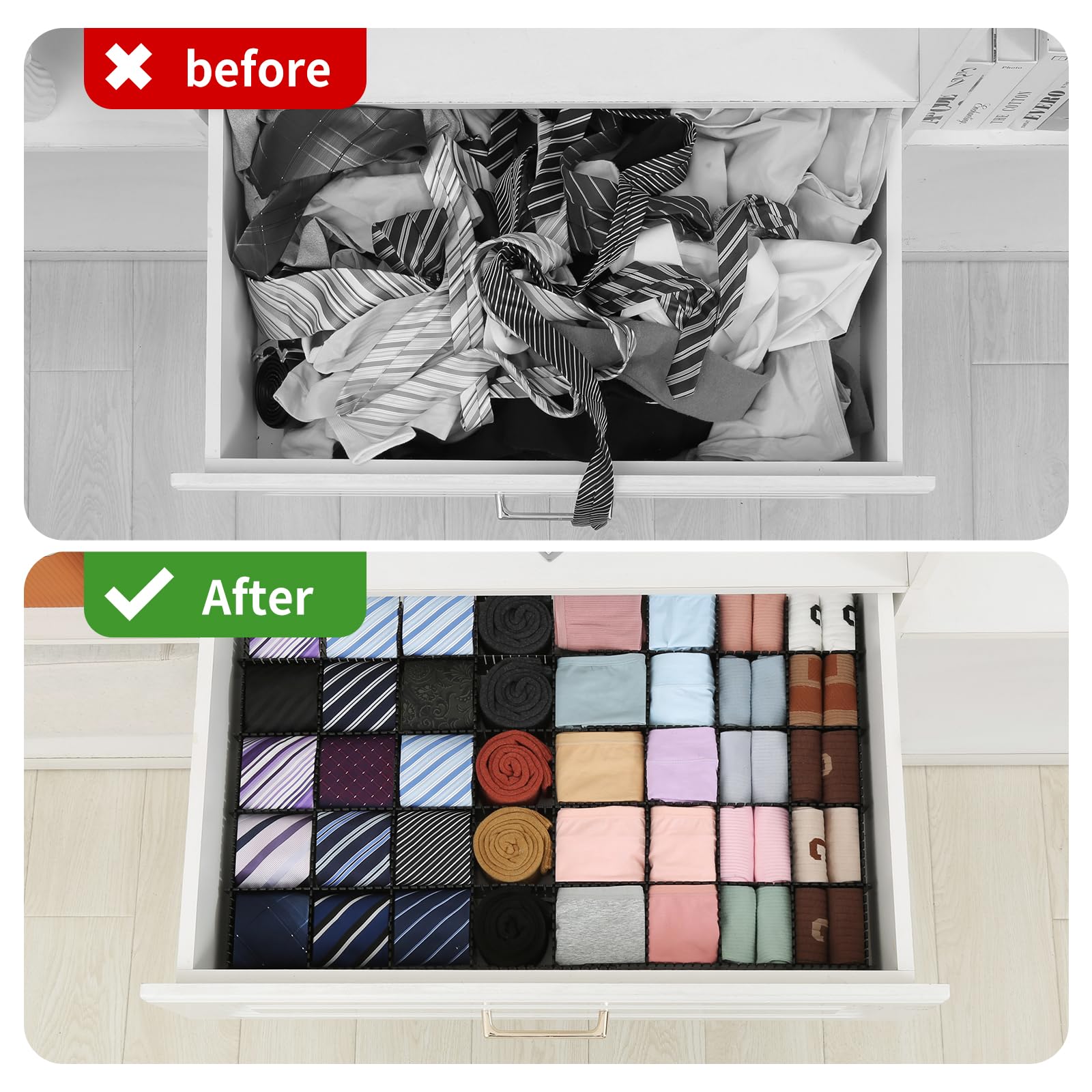 Qozary 42 Pack Adjustable Drawer Organizer Dividers for Socks, Underwear, Makeup, Kitchen, Dresser, Office Desk