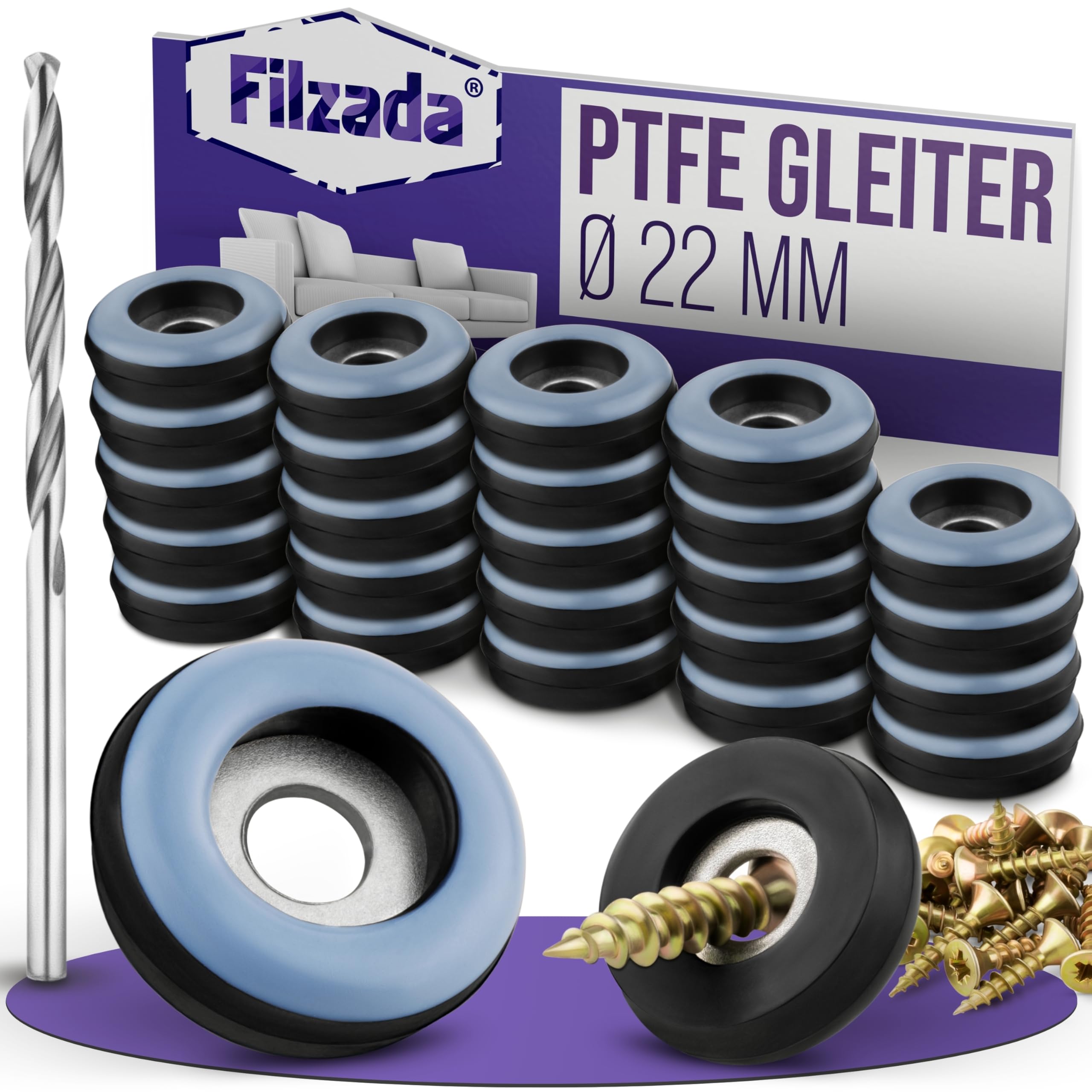 Filzada® 26x Teflongleiter zum Schrauben - Ø 22 mm (rund) - Möbelgleiter/Teppichgleiter PTFE (Teflon) inkl. Schrauben