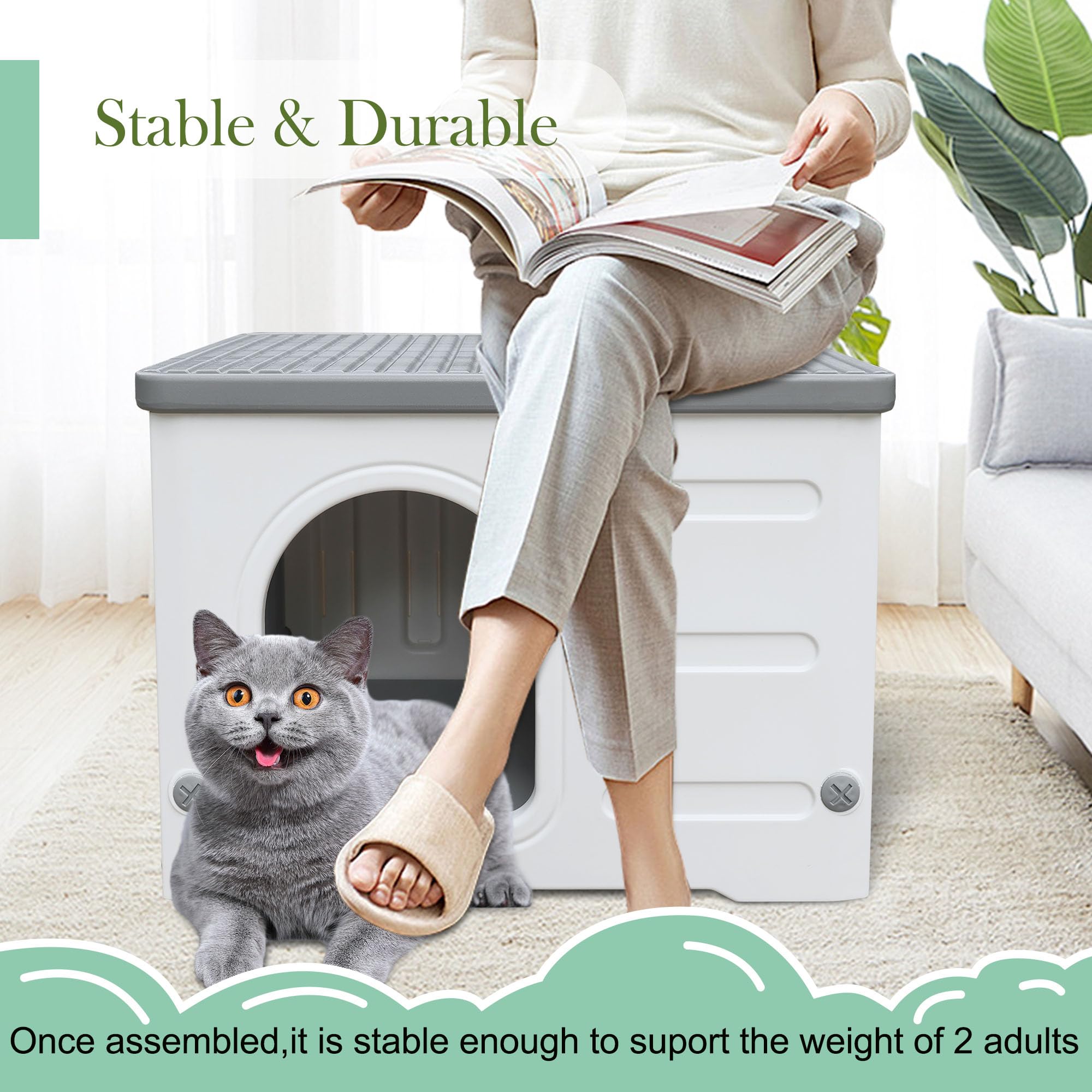 Plastic Cat House for Indoor & Outdoor Cats - Spacious, Sturdy Bed for Small Pets - Assemble Easily - Grey