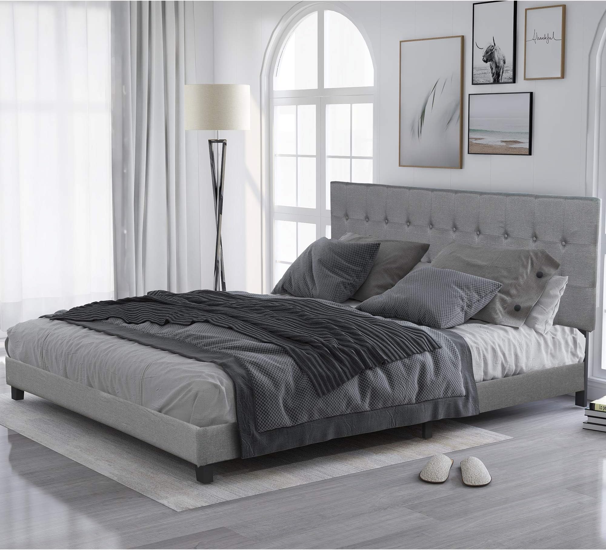 King Bed Frame, Upholstered Platform Bed with Headboard,Box Spring Needed, King Size, Gray