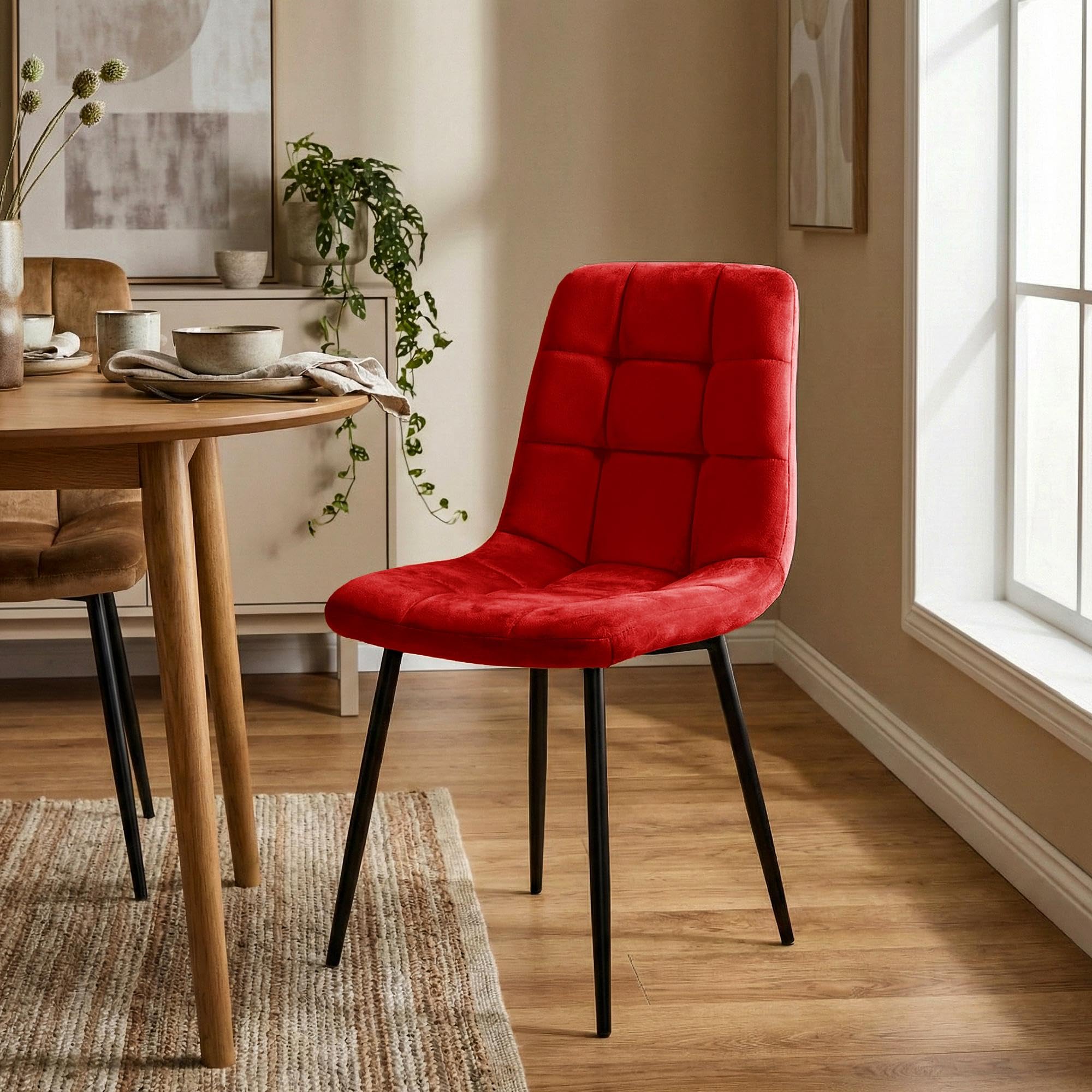 CLP Silla de Comedor tapizada Antibes, Silla de Cocina con Terciopelo, Respaldo y Estructura de Metal Negro, soporta hasta 150 kg Color:Rojo