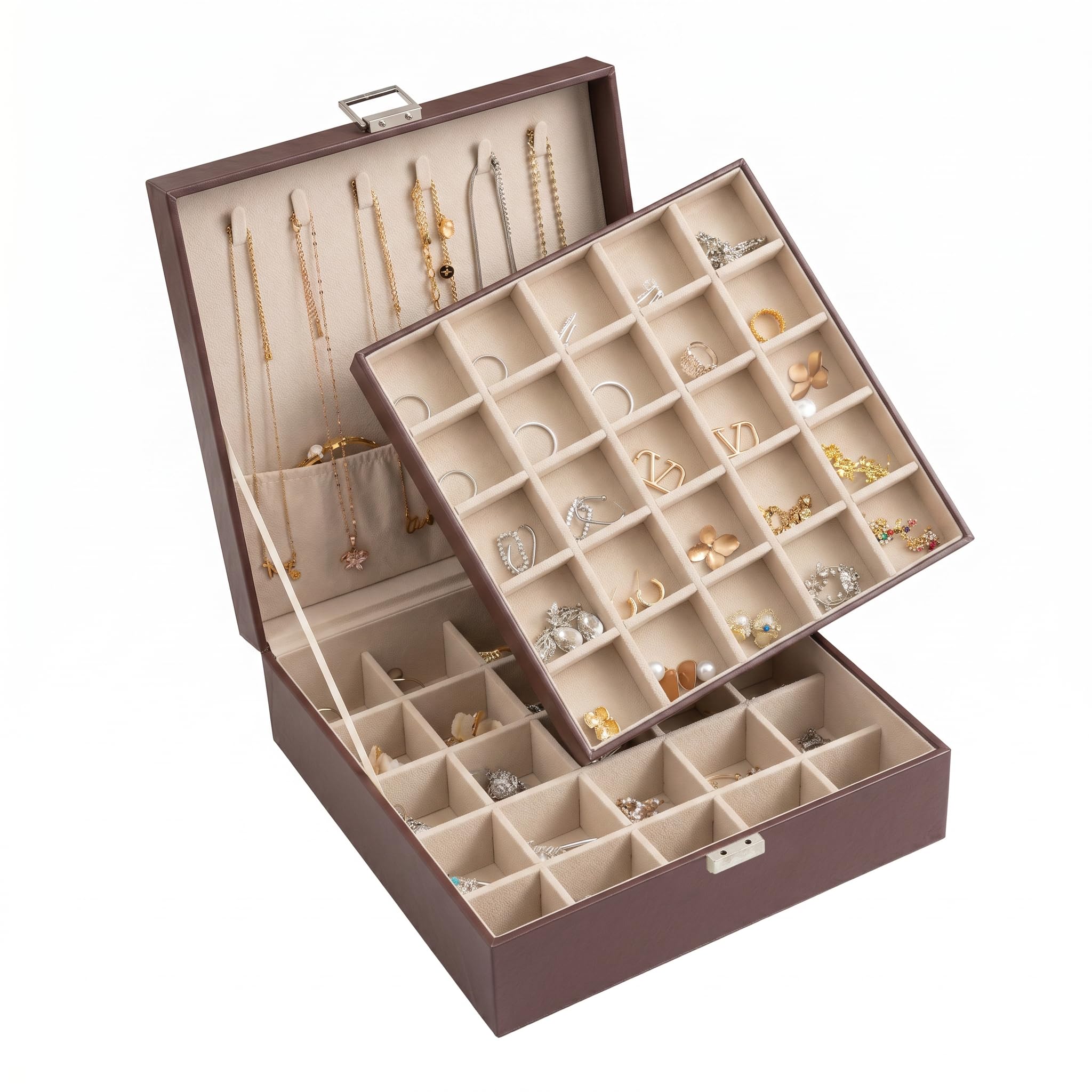 Frebeauty Klassische Schmuckschatulle, 50 Fächer, Ohrringaufbewahrung, zweilagig, mit 6 Haken für Halsketten und Armbandtasche (Dunkelbraun)