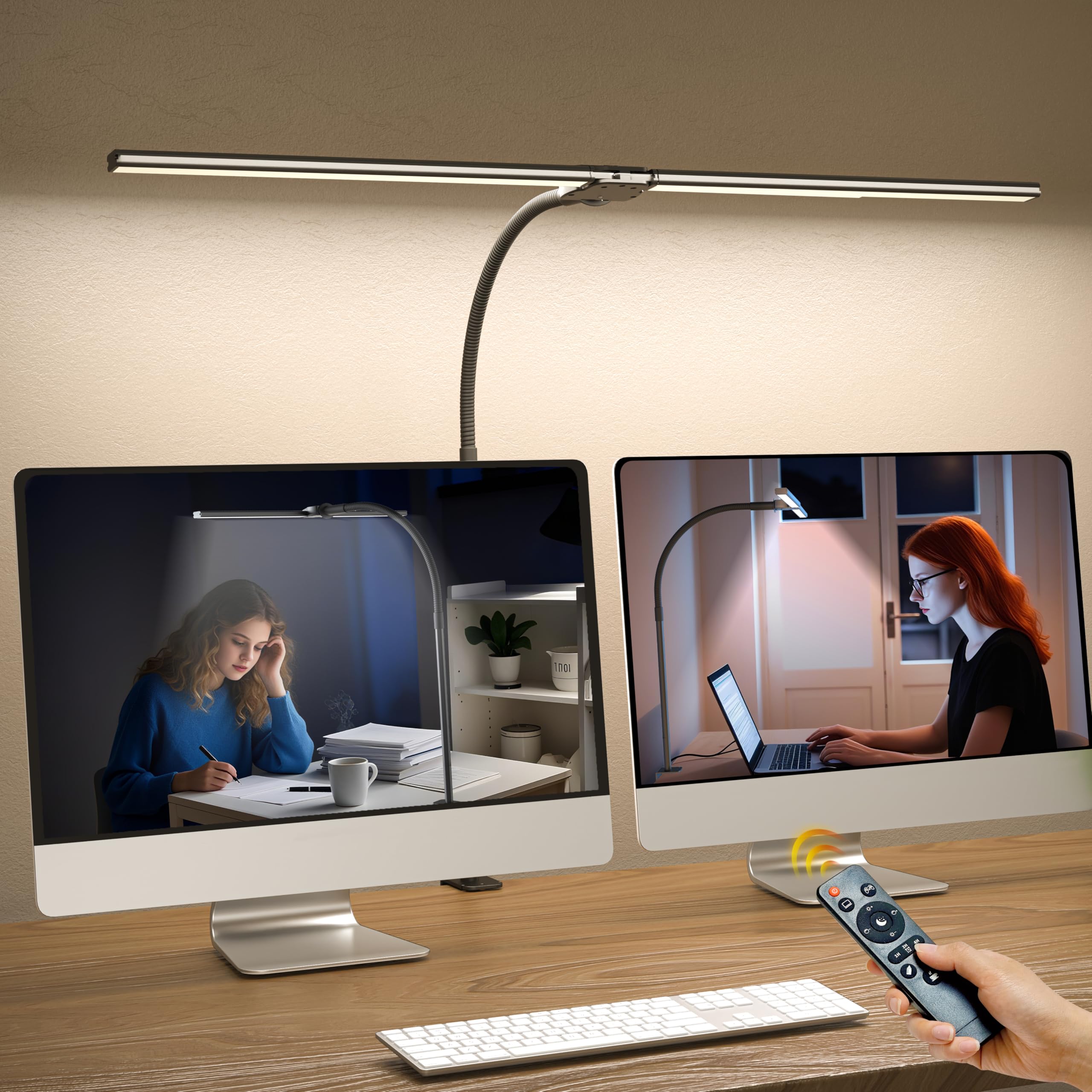 GAEFURY Doppelkopf Schreibtischlampe LED Dimmbar，1200 Lumen Schreibtischleuchte klemmbar mit 5 Farbtemperaturen und 5 Helligkeiten für Home Office，Augenschutz büro tischlampe mit Schwanenhals