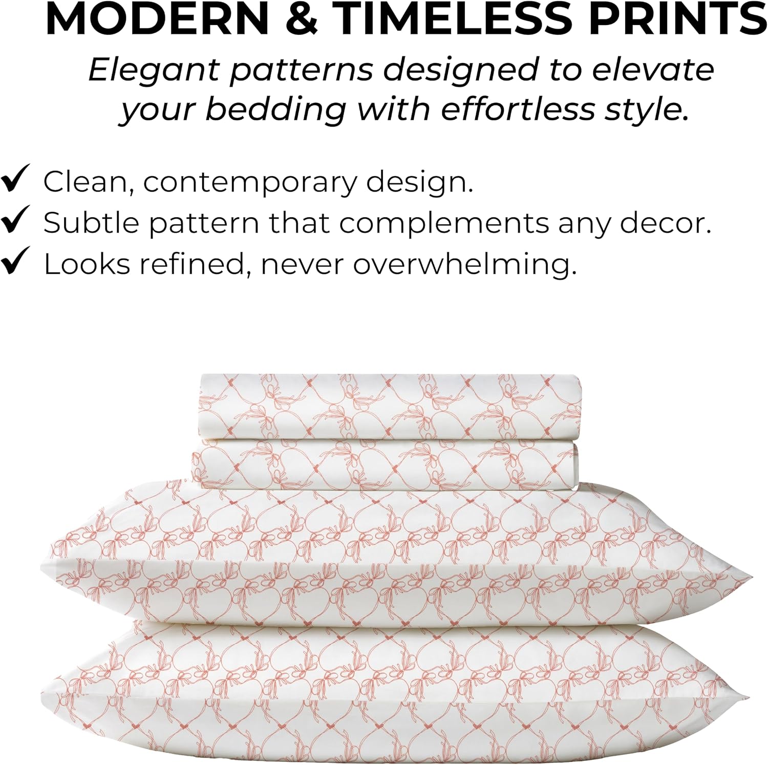 Queen Size Fitted Sheet with 18" Deep Pockets, Flat Sheet - Percale Weave Natural - Breathable 100% Cotton Bedding, 1 Fitted Sheet + 1 Flat Sheet + 2 Pillowcases - Pink Bows Print