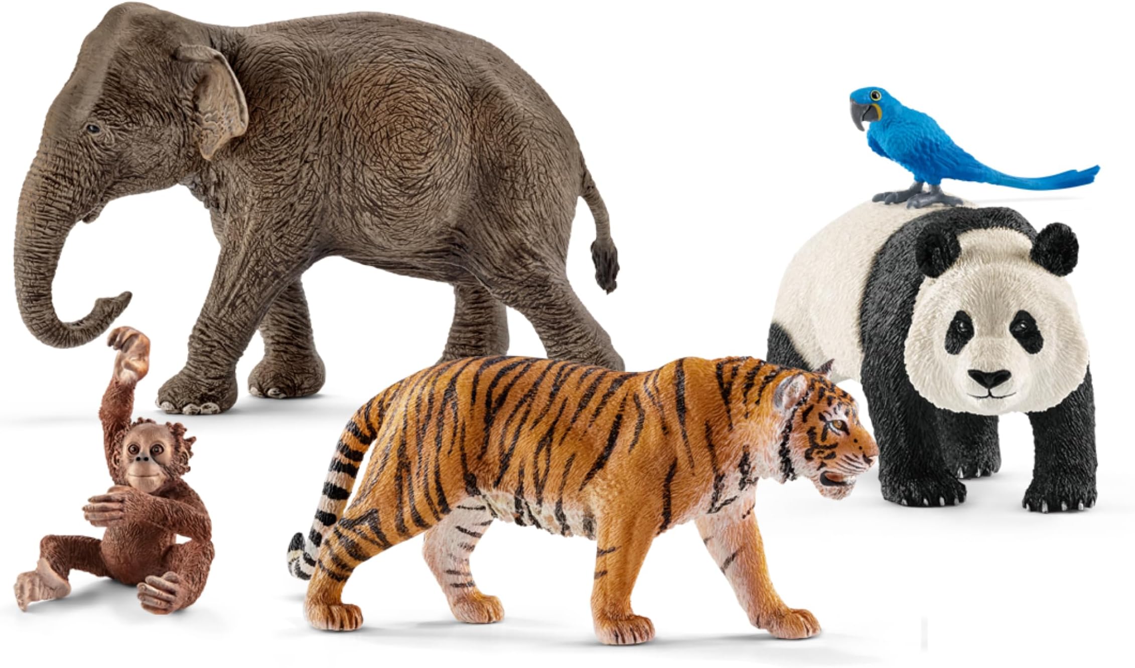 Wild Life - 5PC Wild Animal Toy Set - Jungle Safari Bundle with Panda, Macaw, Baby Orangutan, Elephant, and Tiger Figurine - Realistic Wildlife Figures for Screen-Free Play - Kids 3+ | 77588