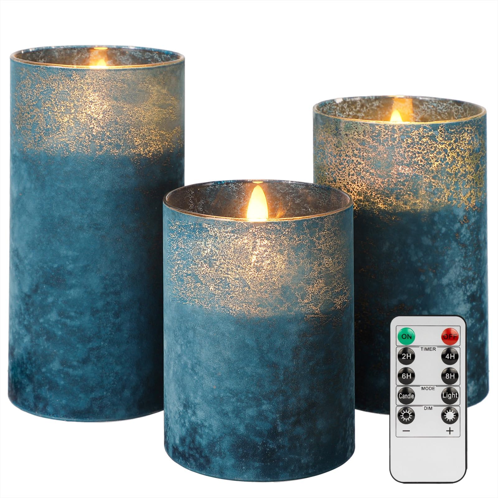 COVEGE Lot de 3 bougies sans flamme vacillantes avec télécommande – Bougies piliers LED en verre soufflé à piles pour la maison, la salle de bain, les décorations de mariage sur le thème côtier (bleu)