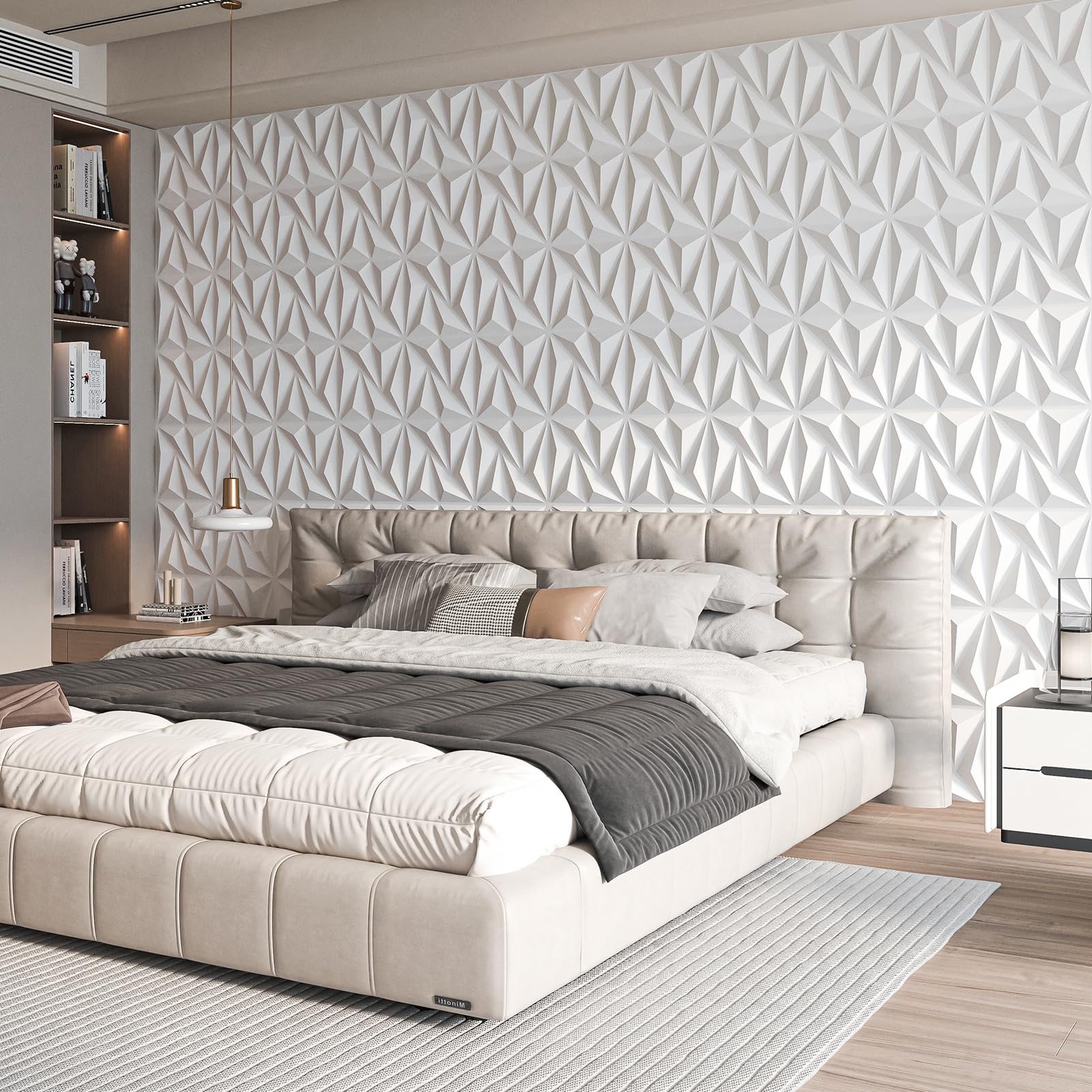 Art3d 3D paneles de pared decoración de interiores de pared con cinta adhesiva de PVC diamante para sala de estar vestíbulo dormitorio hotel oficina 30 x 30 cm 50 piezas Blanco