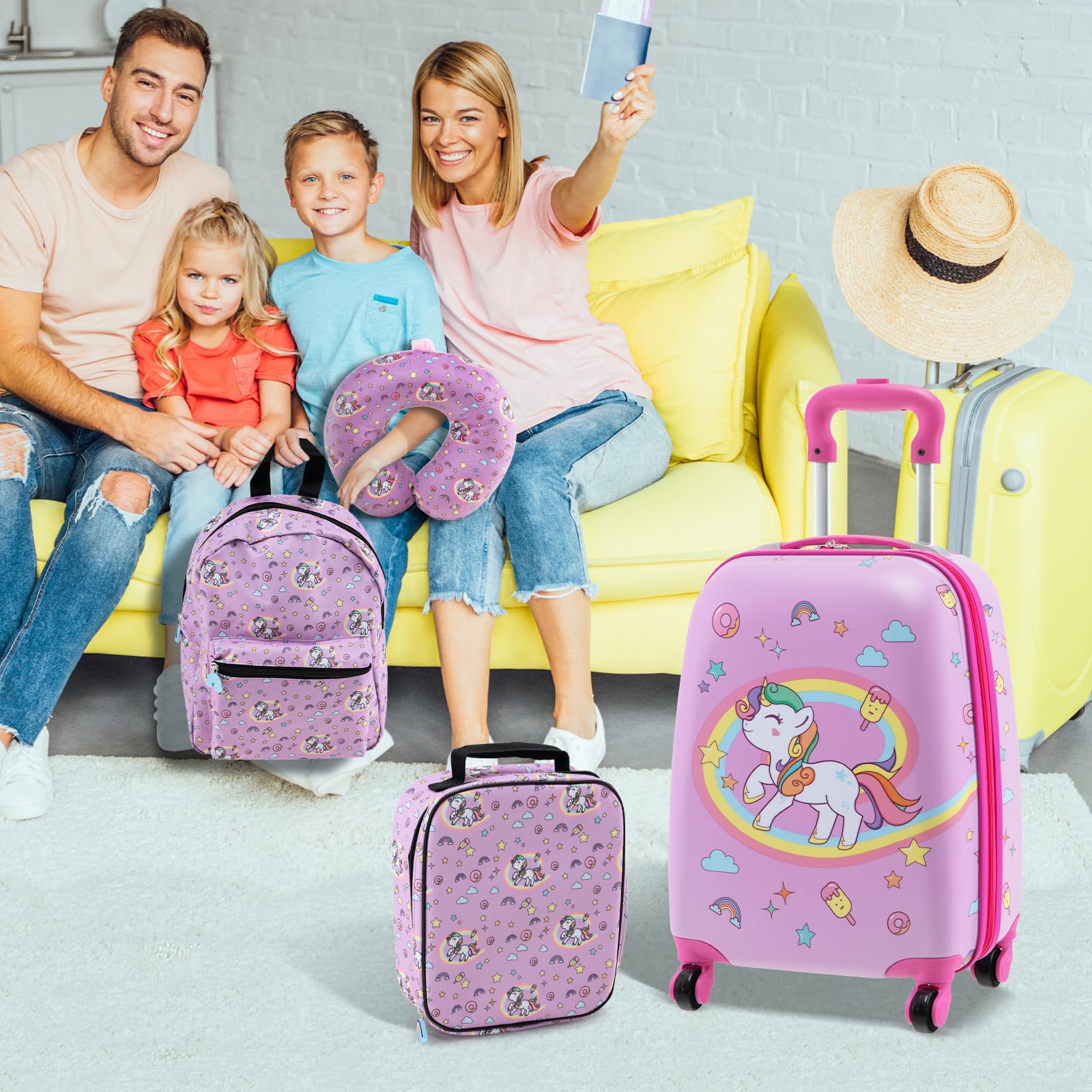 DREAMADE Valise Enfant 16" et Sac à Dos 13" avec Oreiller Cervical&Sac-Repas Isolé&Étiquette,Bagage à Main Enfants 5 Pièces avec 4 Roues à 360°,Ensemble Valise Roulette Garçon Filles (Licorne Rose)