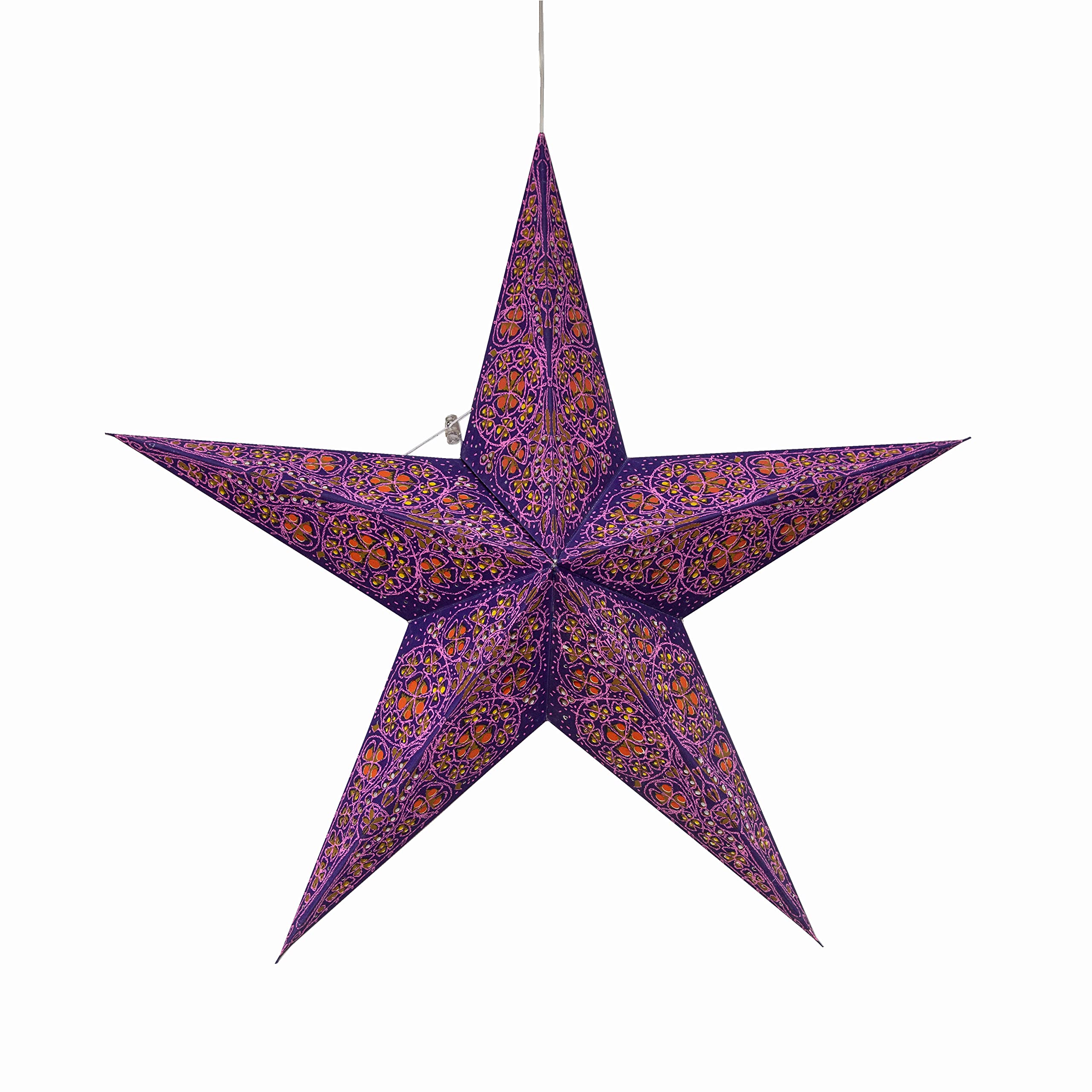 Artschatz Cathedral Paper Lantern Star Light - 5 Point Ø 24 inch - Purple/Violet with Orange/Yellow Tissue Inlay