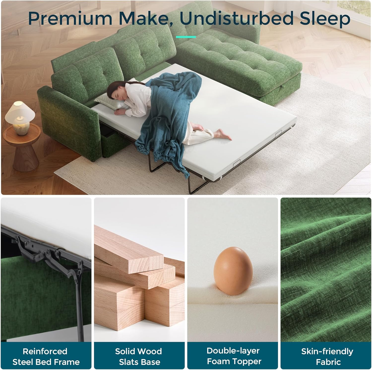 152" Oversized Sectional Sleeper Sofa with Pull Out Bed and Storage Chaise, Convertible Sofa Bed with Memory Foam Topper, Comfy U Shaped Modular Couches for Living Room Apartment Dorm Room, Green